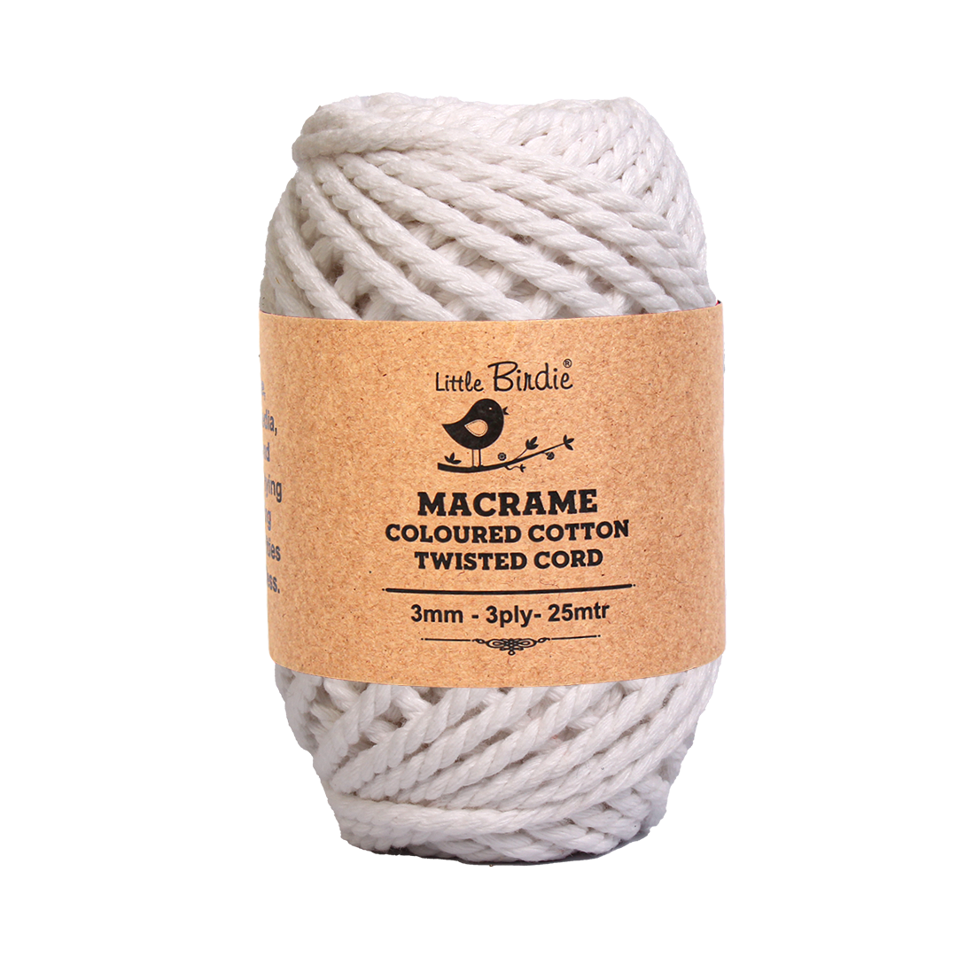 Macrame Cotton Twisted Cord - Off White 3mm 3Ply 25Mtr 1Roll
