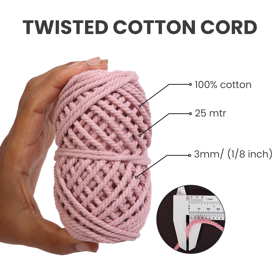 Macrame Cotton Twisted Cord - Baby Pink 3mm 3Ply 25Mtr 1Roll