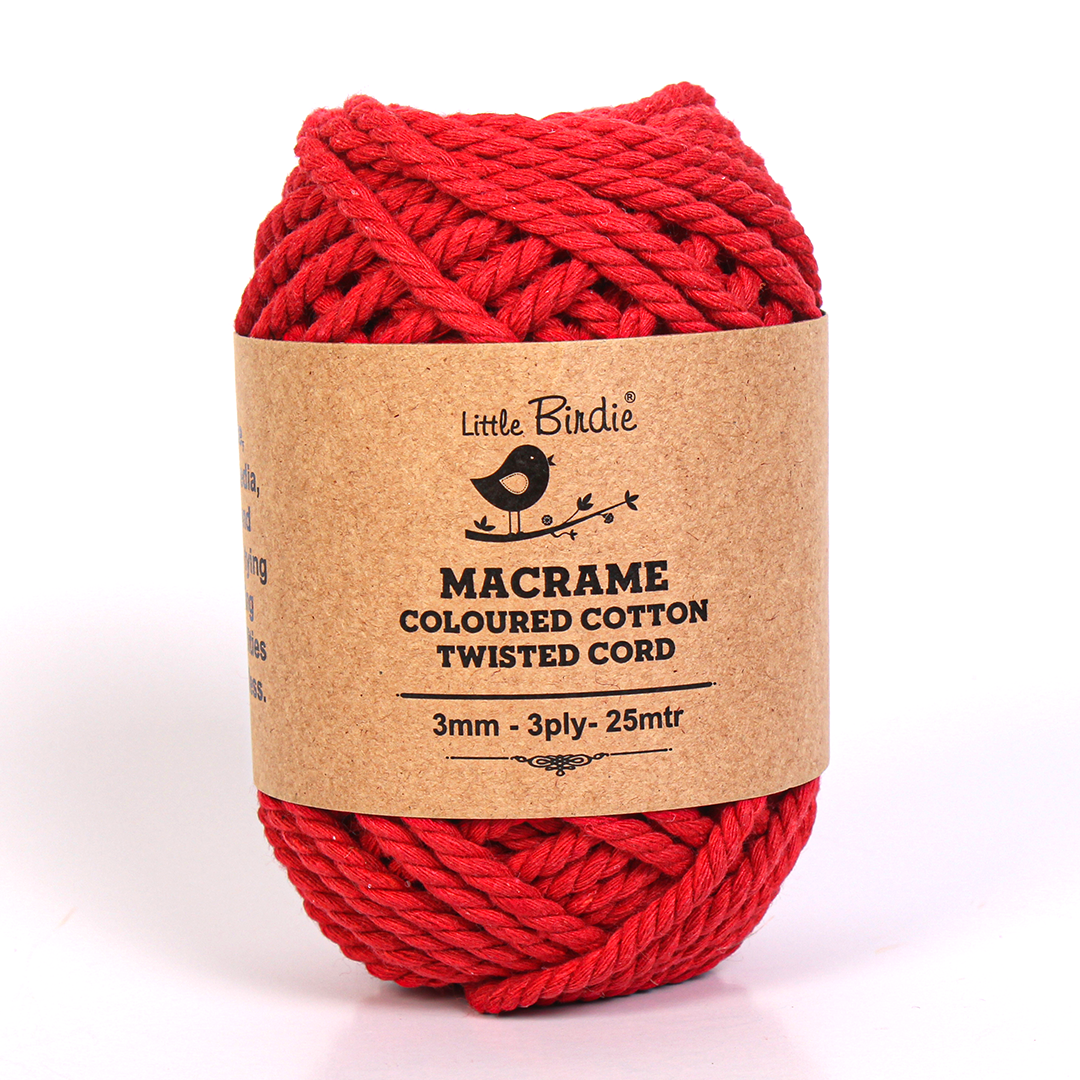 Macrame Cotton Twisted Cord - Red 3mm 3Ply 25Mtr 1Roll