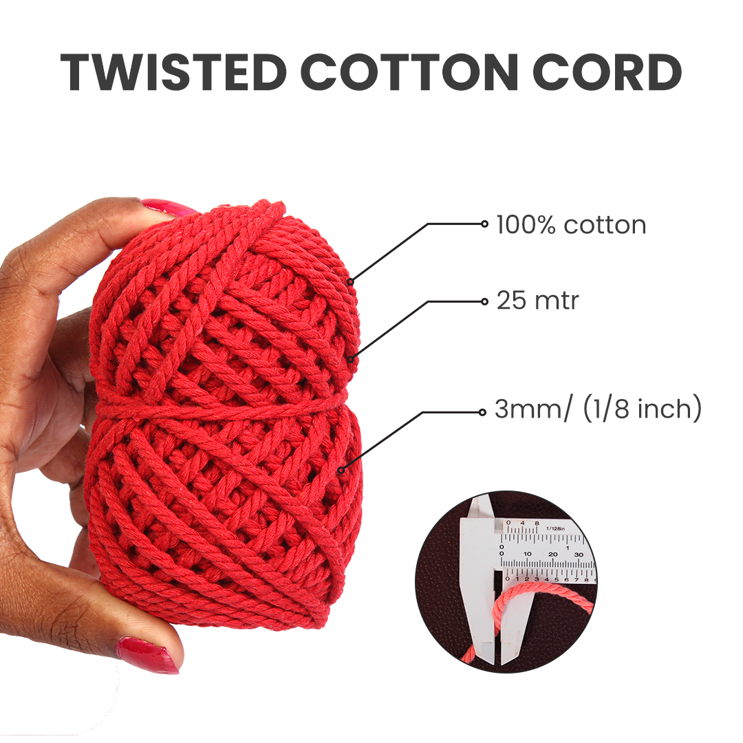 Macrame Cotton Twisted Cord - Red 3mm 3Ply 25Mtr 1Roll
