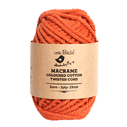 Macrame Cotton Twisted Cord - Tangerine Orange 3mm 3Ply 25Mtr 1Roll