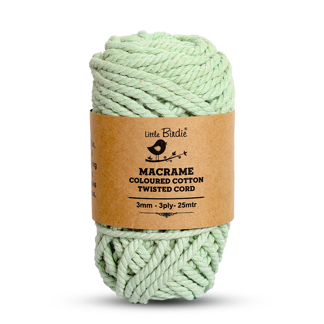 Macrame Cotton Twisted Cord - Apple Green 3mm 3Ply 25Mtr 1Roll