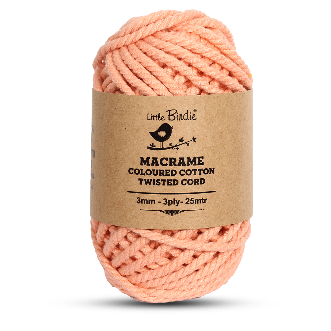Macrame Cotton Twisted Cord - Peach 3mm 3Ply 25Mtr 1Roll