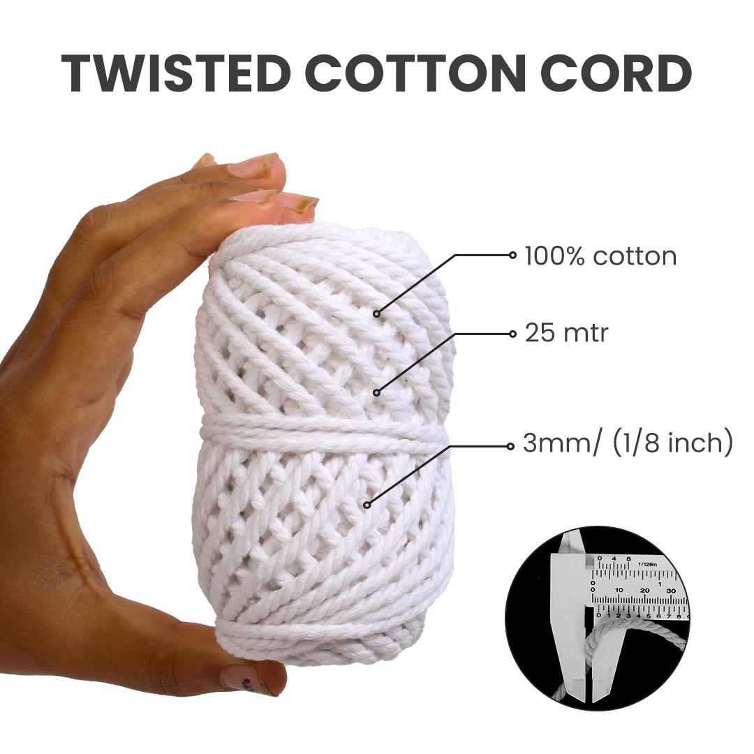 Macrame Cotton Twisted Cord - Milky White 3mm 3Ply 25Mtr 1Roll