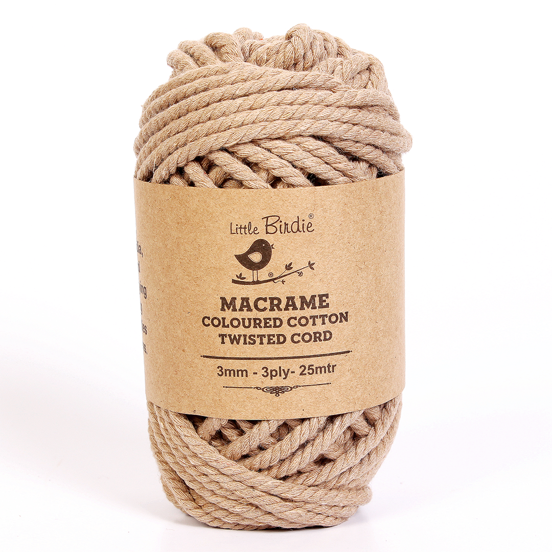 Macrame Cotton Twisted Cord - Kakhi 3mm 3Ply 25Mtr 1Roll