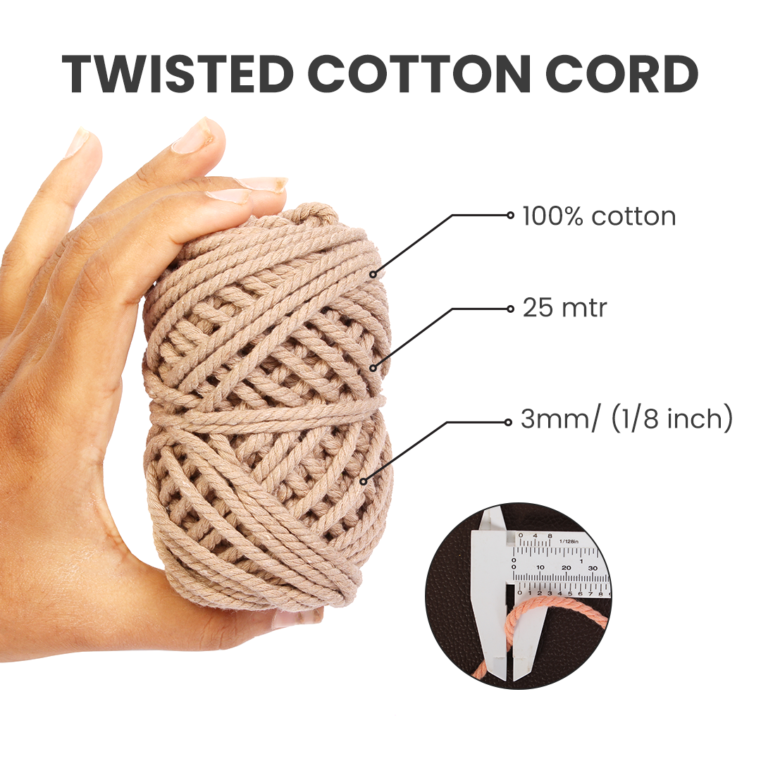 Macrame Cotton Twisted Cord - Kakhi 3mm 3Ply 25Mtr 1Roll