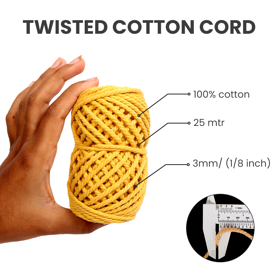 Macrame Cotton Twisted Cord - Mango Yellow 3mm 3Ply 25Mtr 1Roll