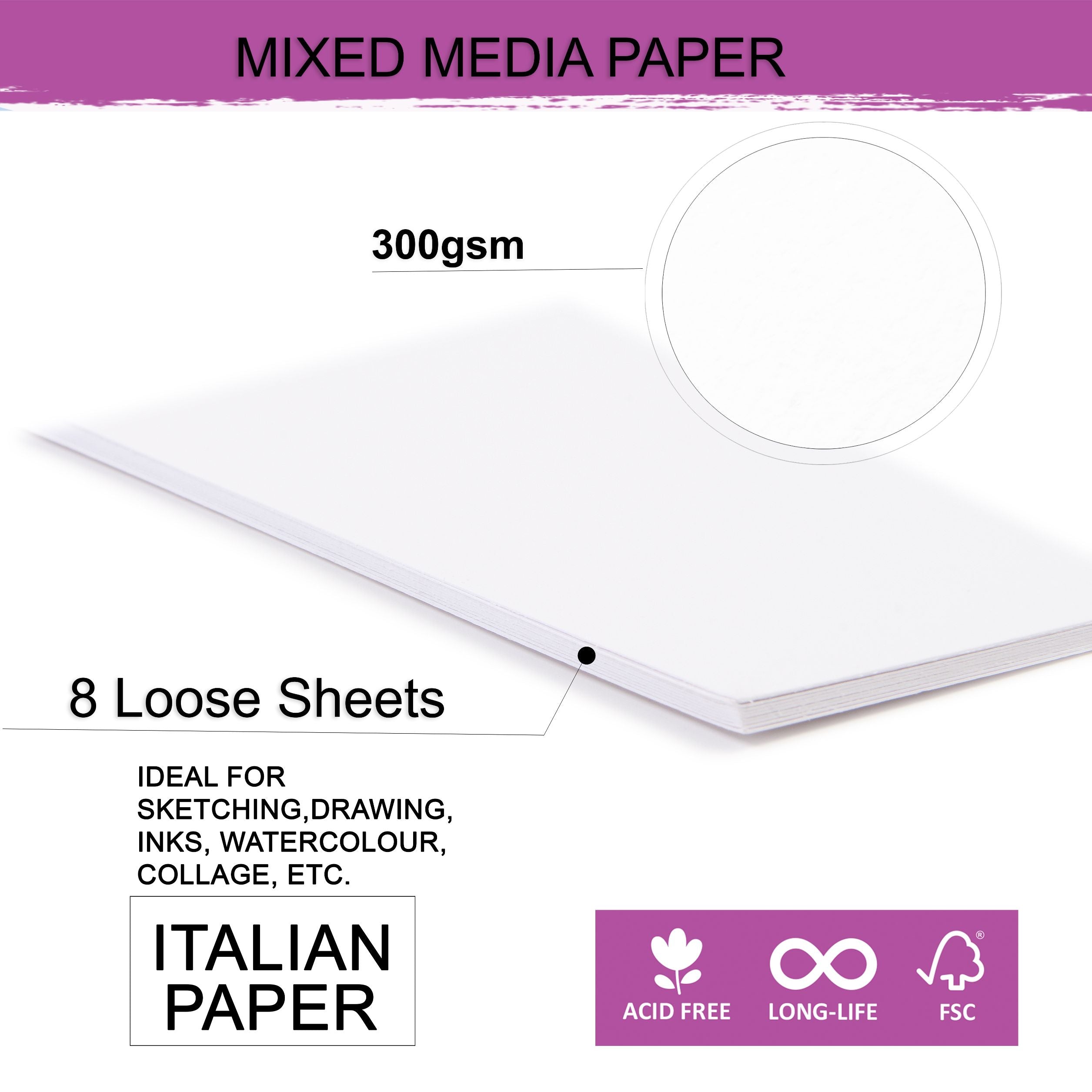 Mixed Media Paper A4 Size 250 Gsm Pack Of 8 Sheets