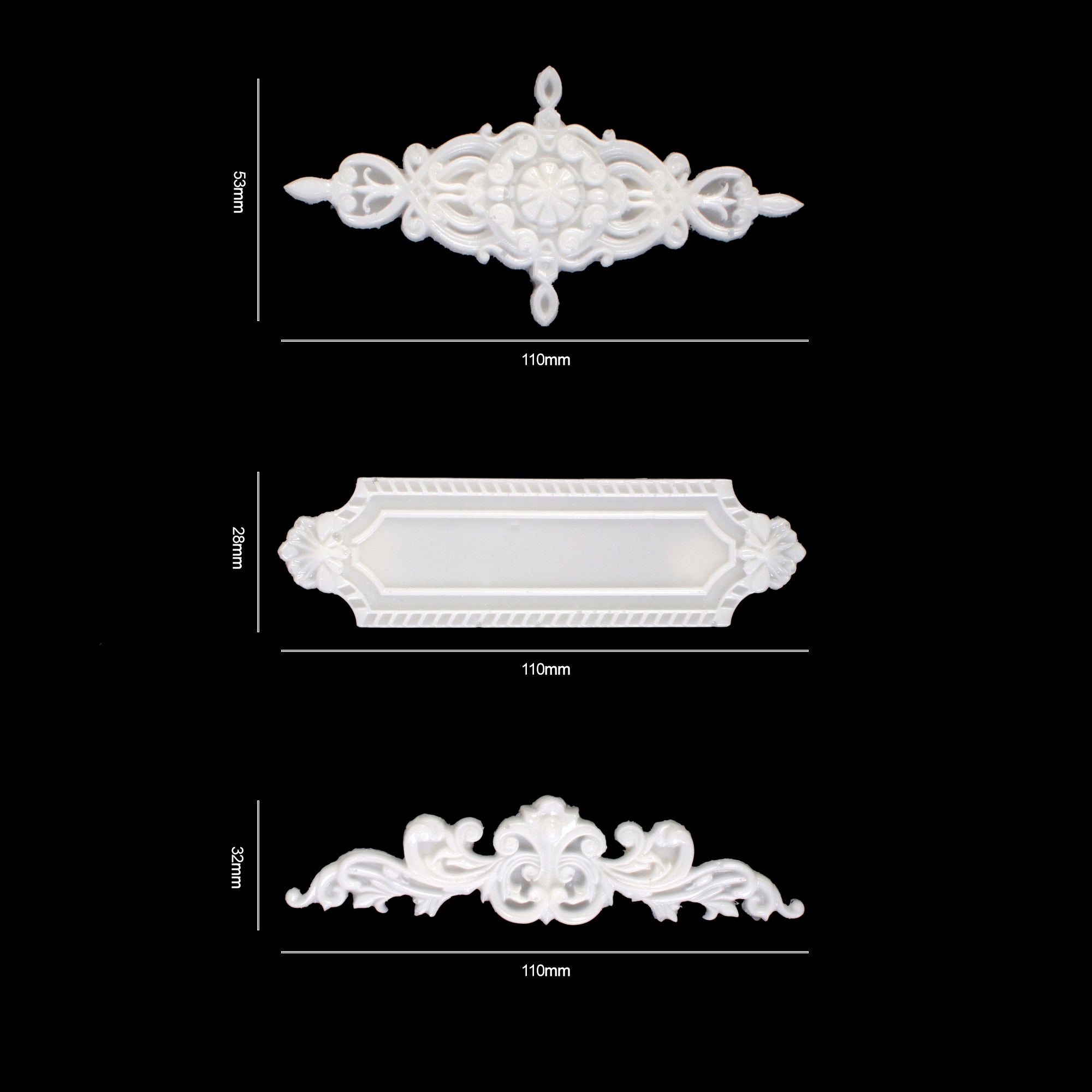 Resin Stickers Ornate Trims 3pc
