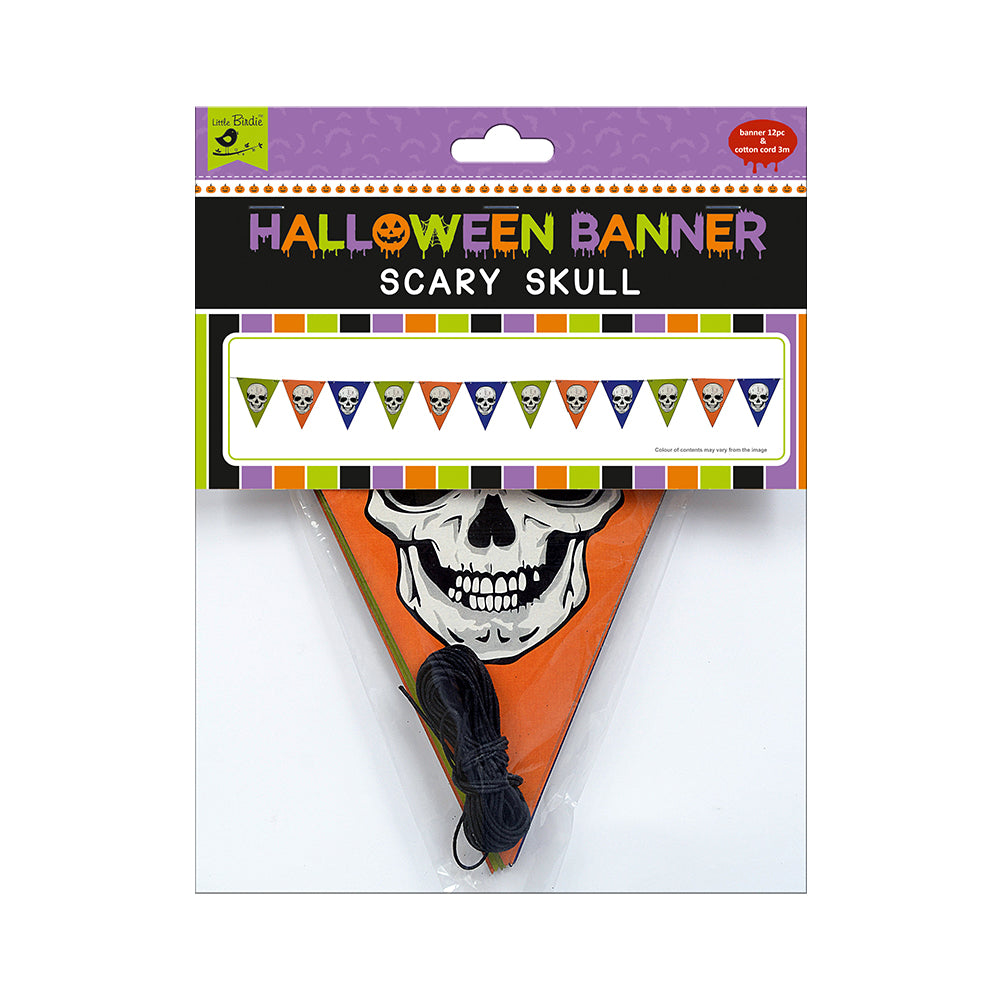 Little Birdie Halloween Banner Scary Skull 12Pc & Cotton Cord 3m, 1Pack