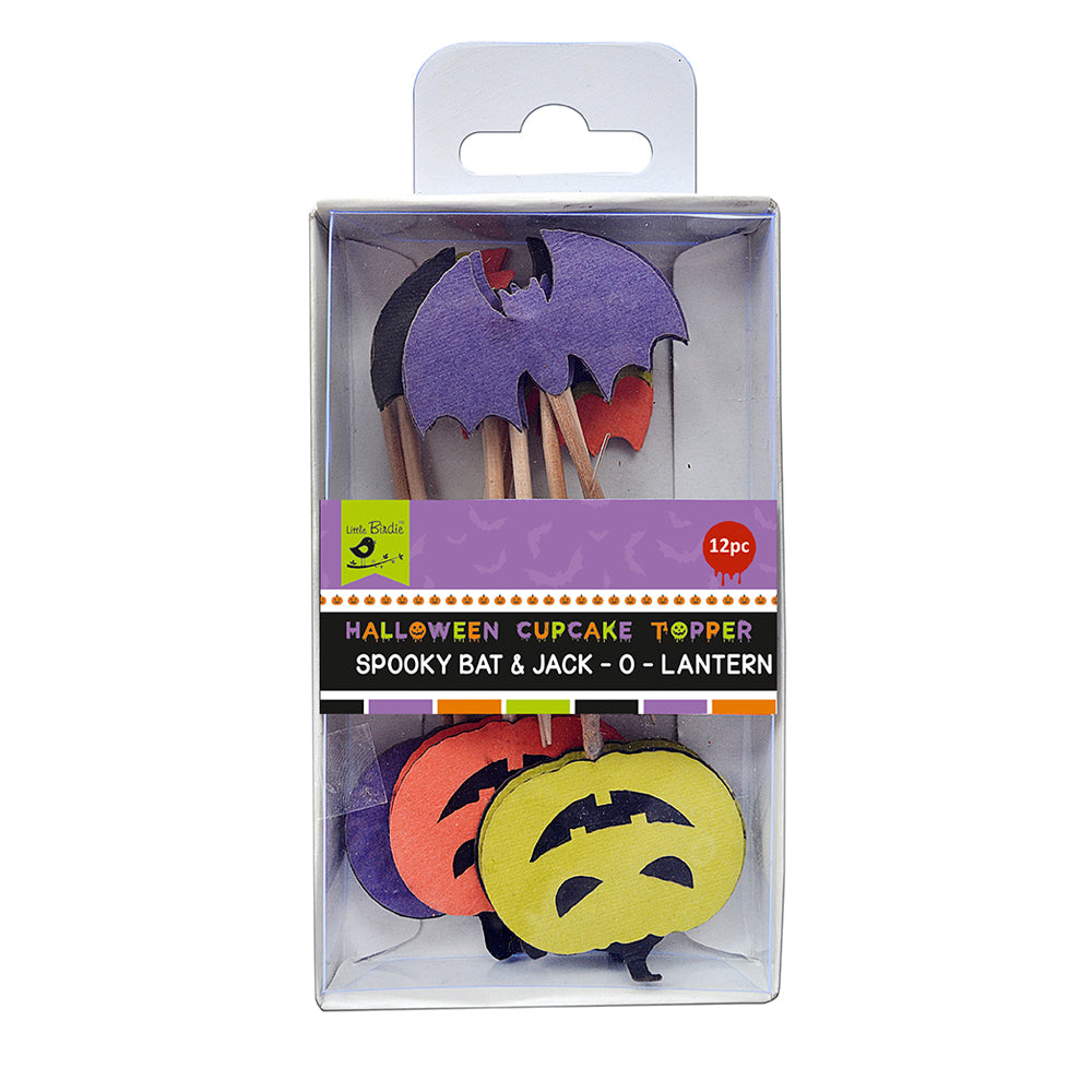 Little Birdie Halloween Cupcake Topper - Spooky BAT & Jack-O-Lantern, 12 pc