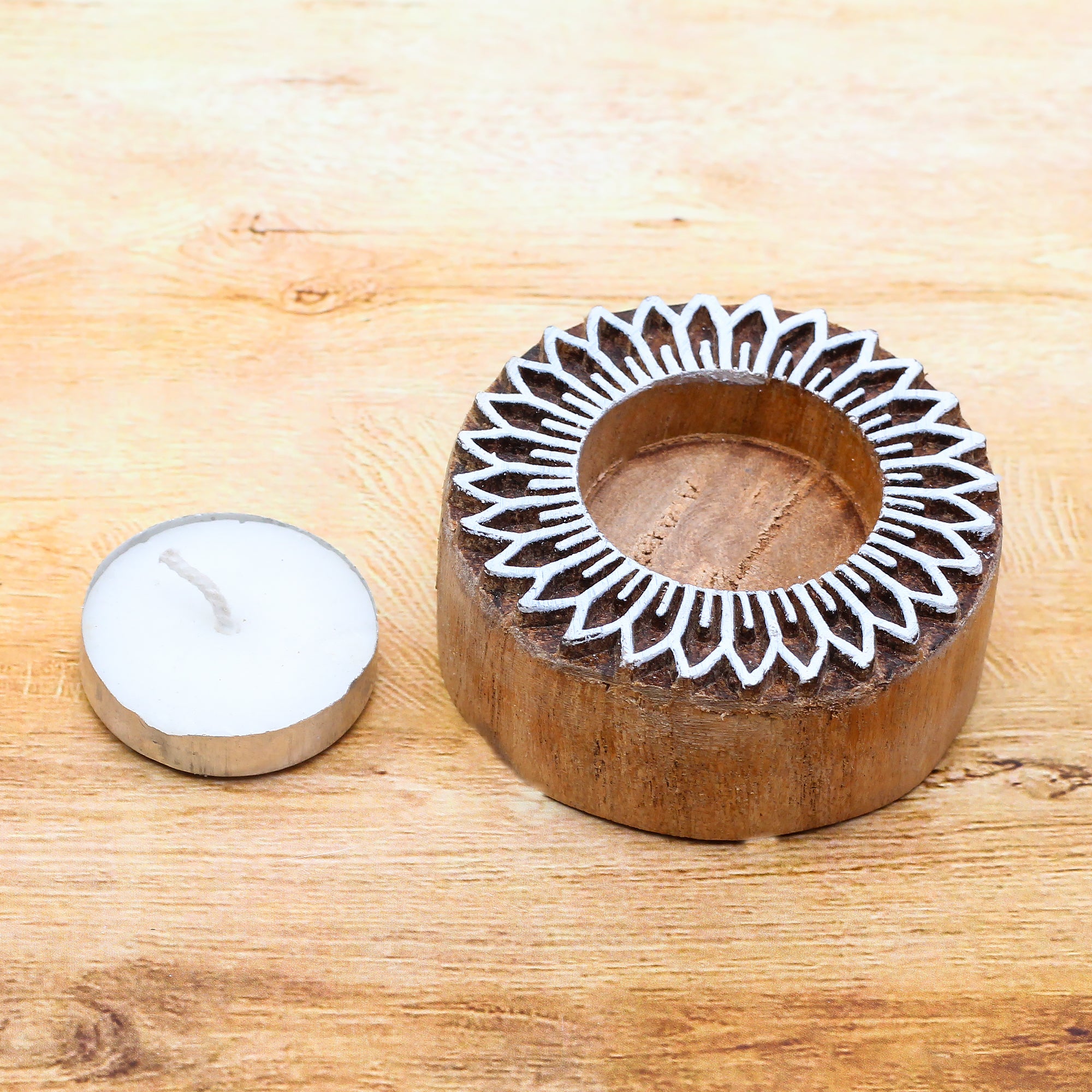 Wooden Printing Block & Candle Holder- Daisy