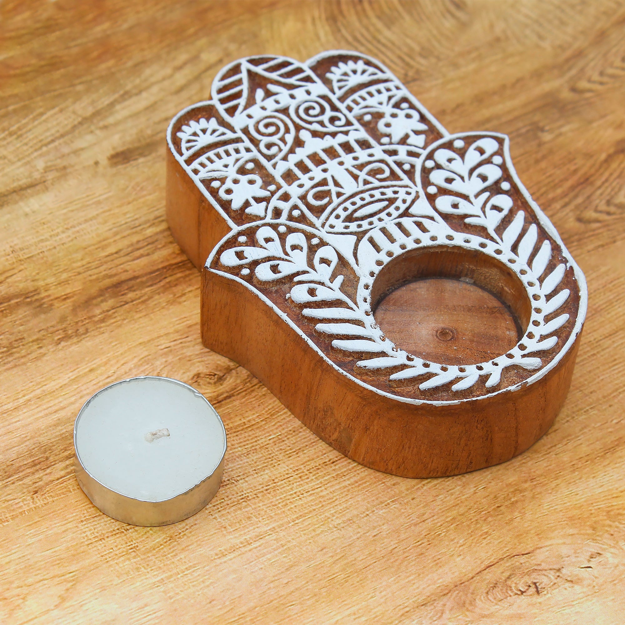 Wooden Printing Block & Candle Holder- Ornate Hand