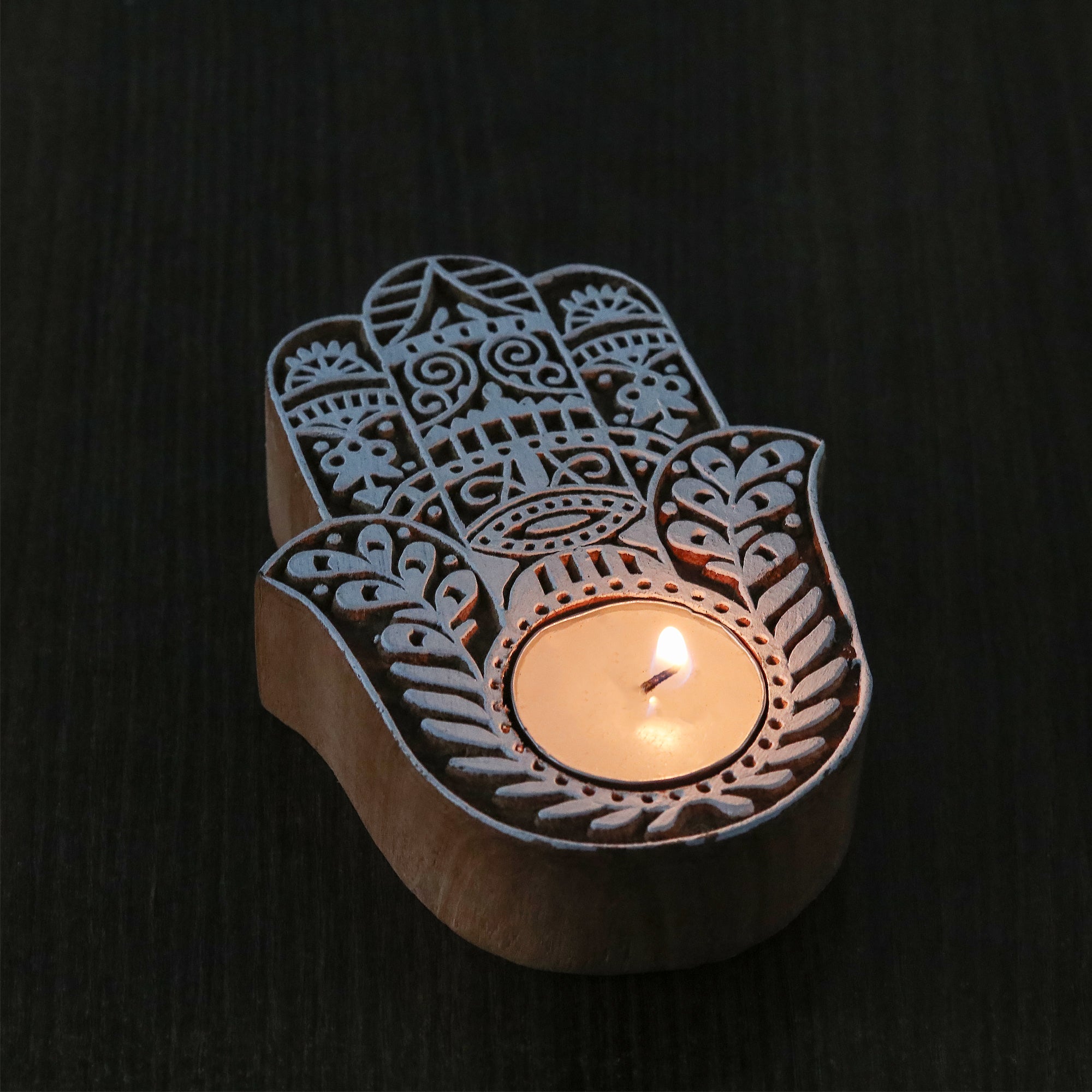 Wooden Printing Block & Candle Holder- Ornate Hand