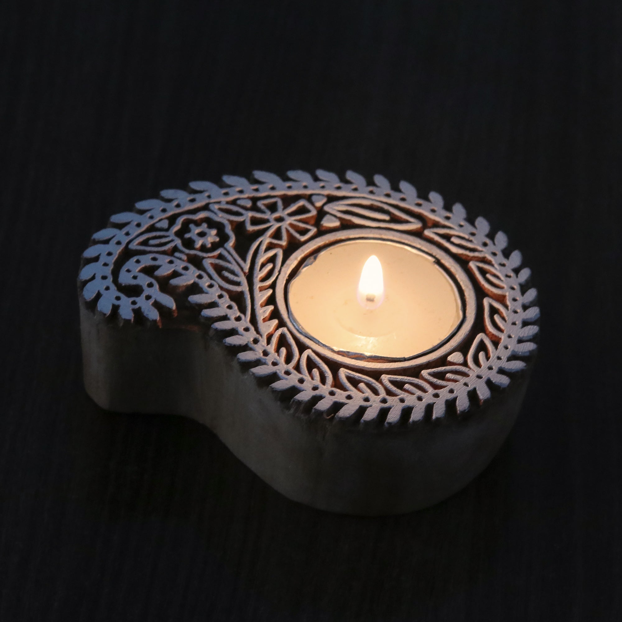 Wooden Printing Block & Candle Holder- Paisley Vine