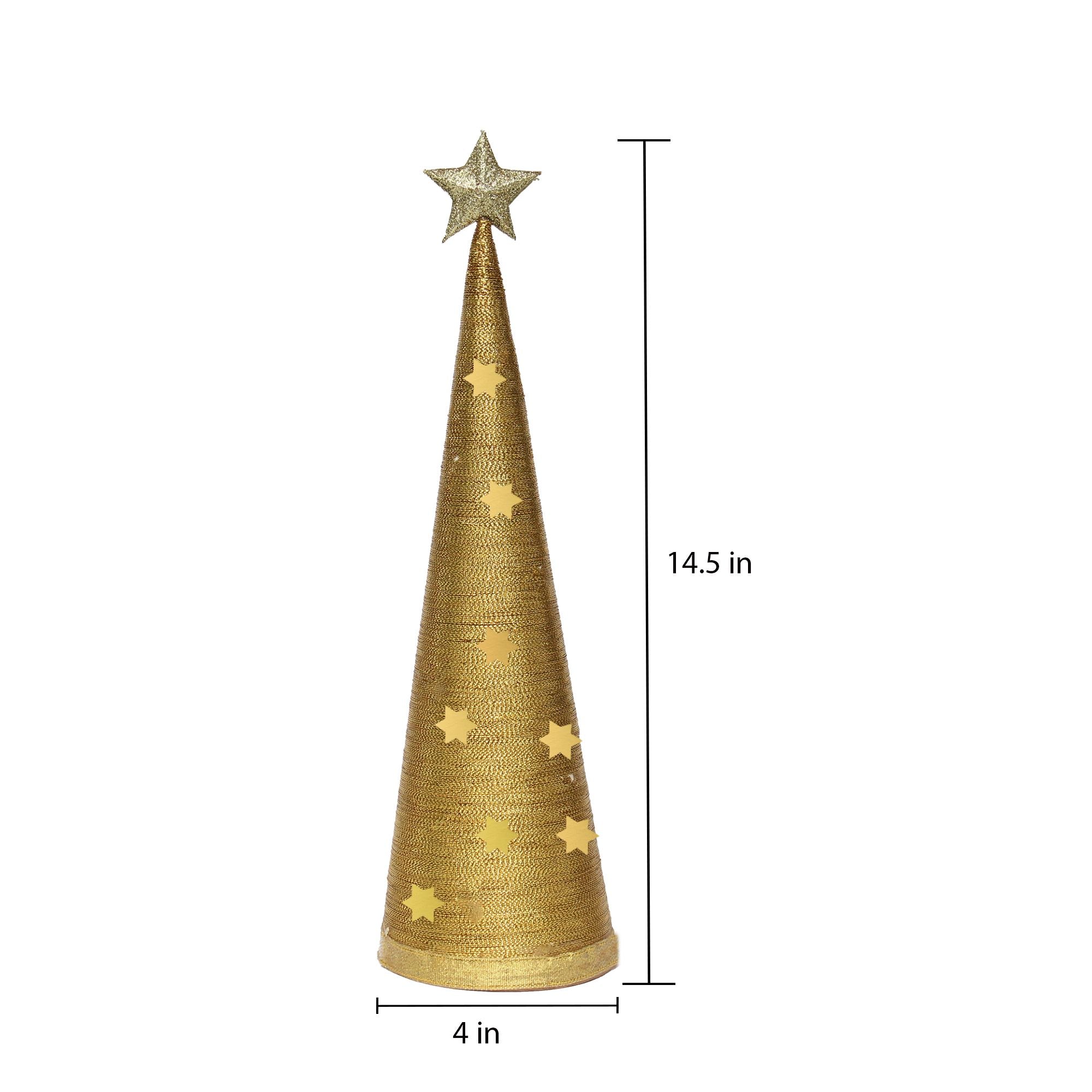 Handmade Conical Christmas Lurex Tree with Sequins Star - Height 14.5 X Width4inch, Gold, 1pc