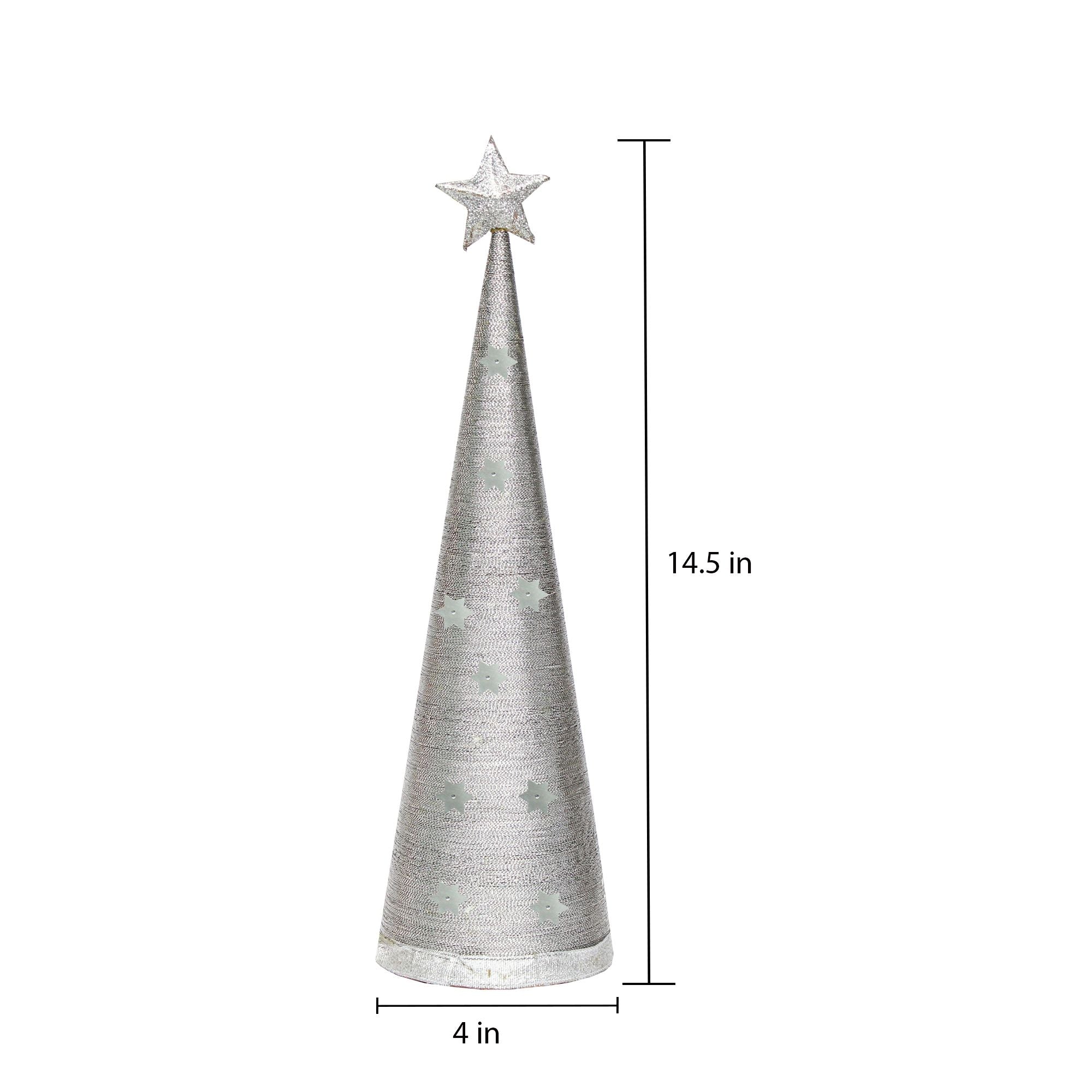 Handmade Conical Christmas Lurex Tree with Sequins and Star - Height 14.5 X Width4inch, Silver, 1pc