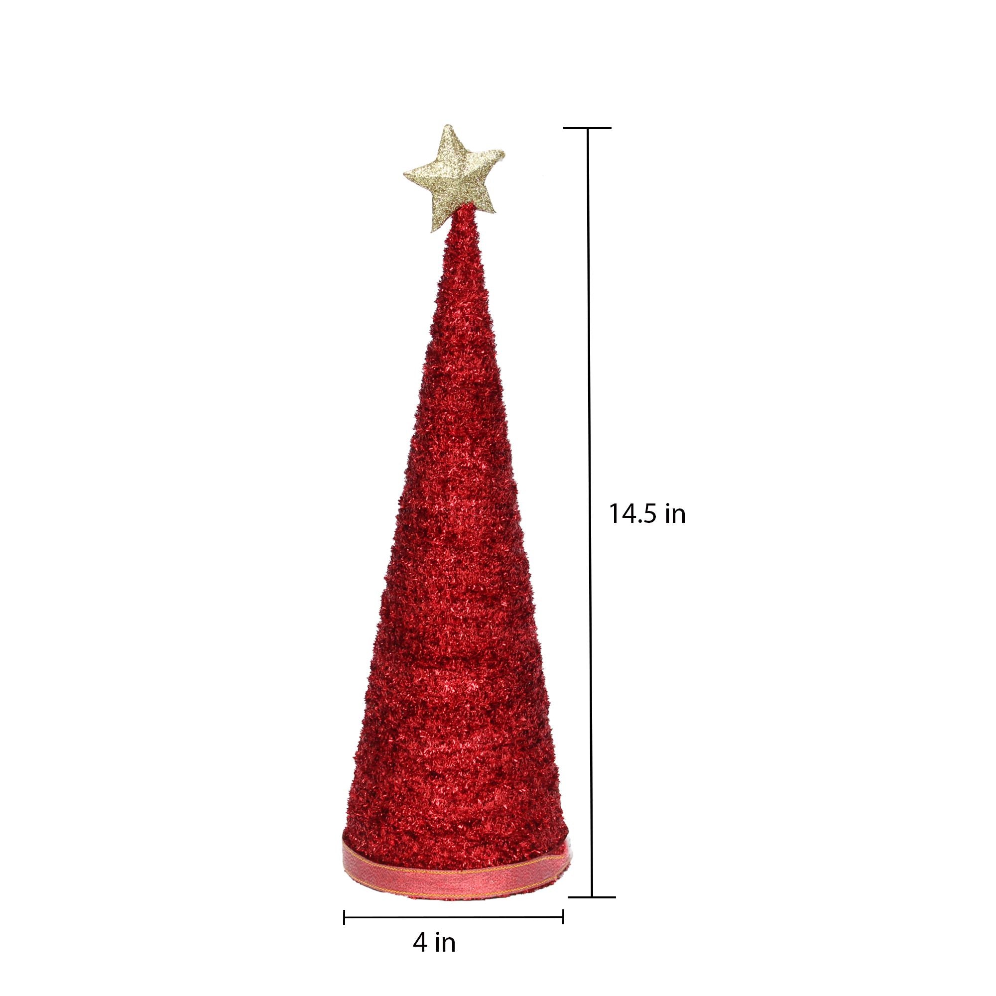 Handmade Conical Christmas Tinsel Tree with Sequins and Star - Height 14.5 X Width4inch, Red, 1pc
