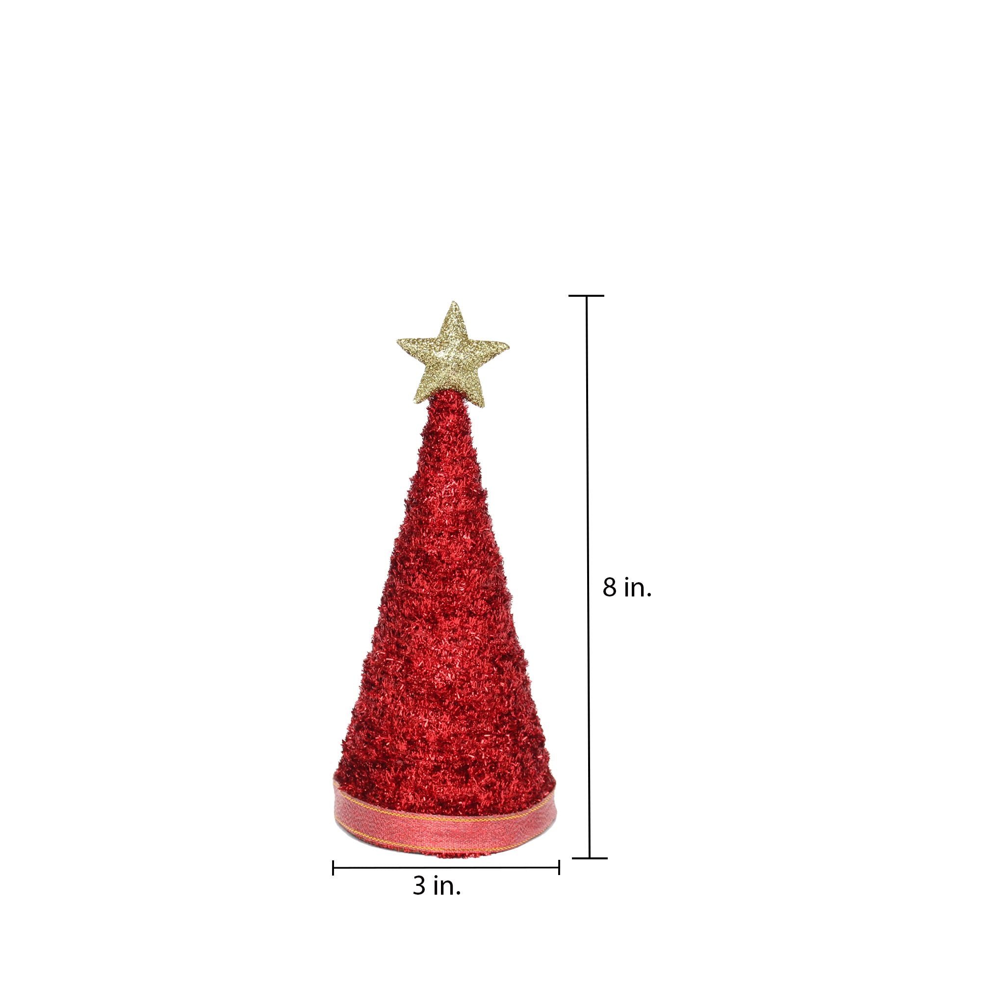Handmade Conical Christmas Tinsel Tree with Sequins and Star - Height 8 X Width3inch, Red, 1pc