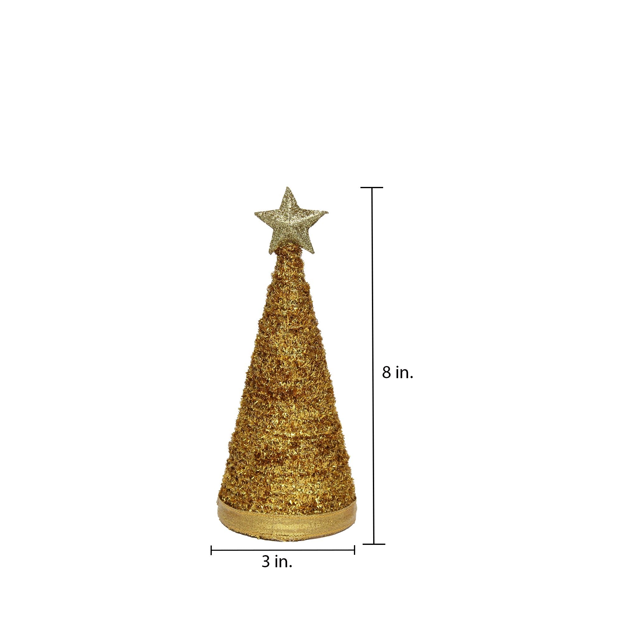 Handmade Conical Christmas Tinsel Tree with Sequins and Star - Height 8 X Width3inch, Gold, 1pc