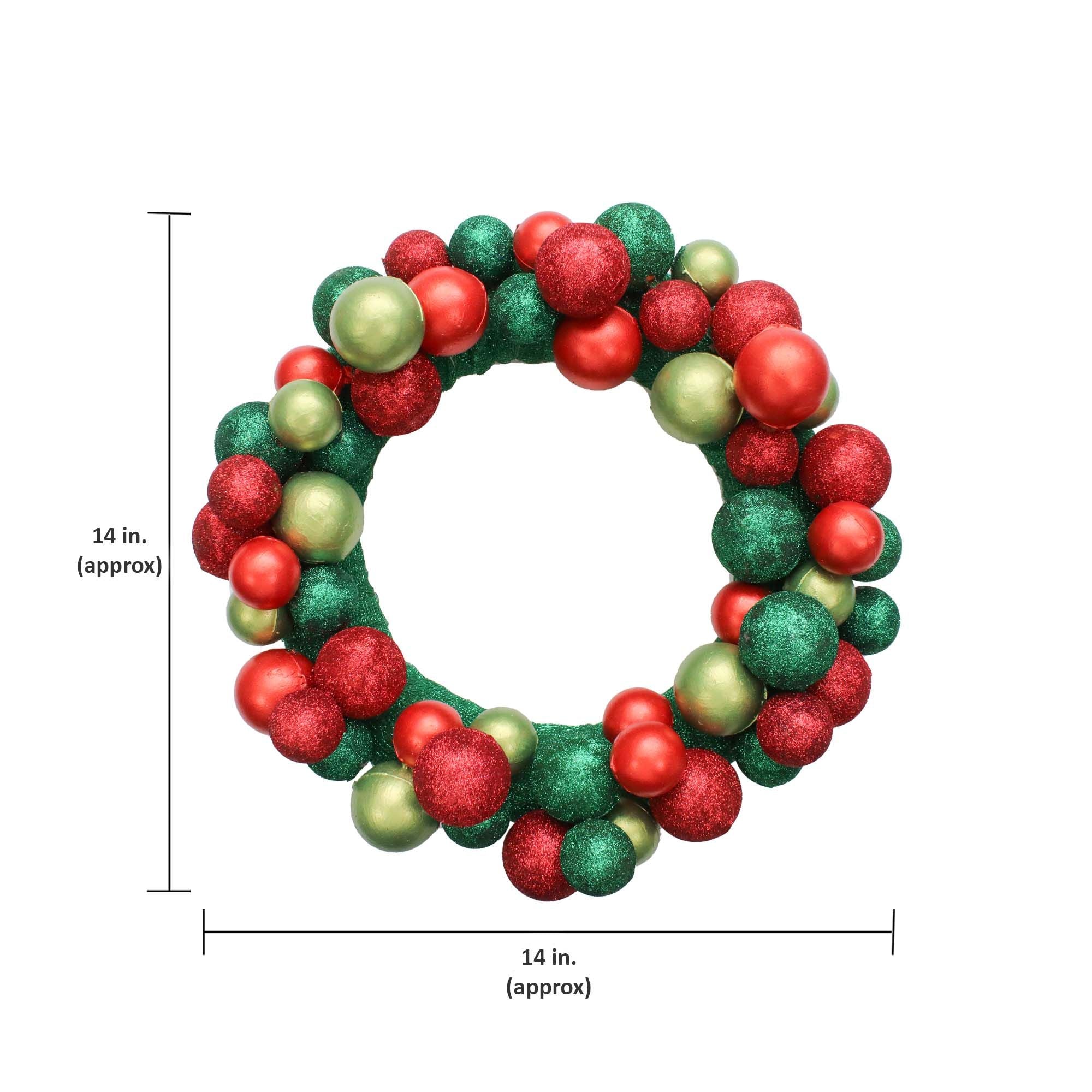 Handmade Christmas Wreath - Glitter Bauble, 14inch, Red and Green, 1pc