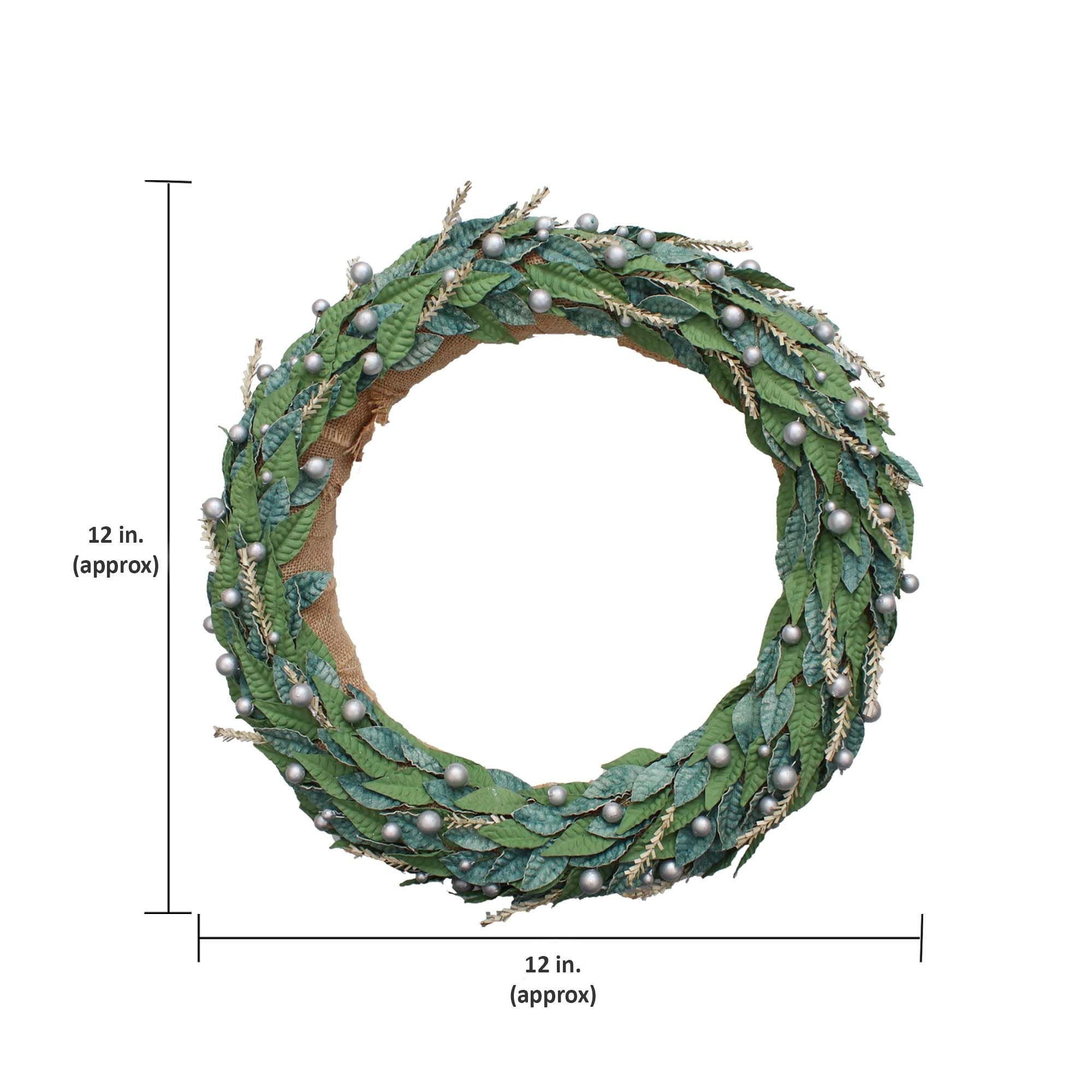 Handmade Christmas Wreath - Decorted Leaf, 12inch, Natural Jute Base, 1pc