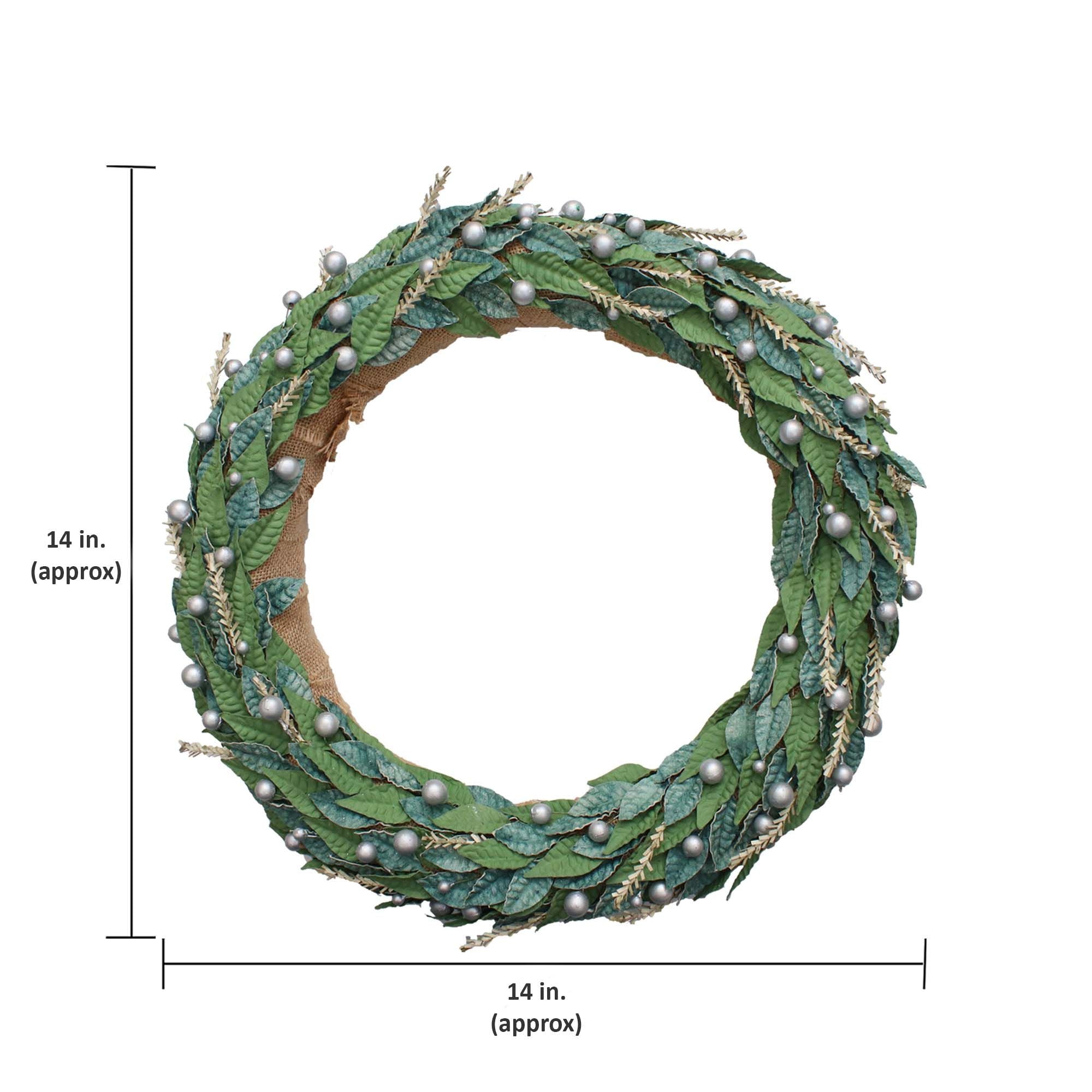 Handmade Christmas Wreath - Decorted Leaf, 14inch,  Natural Jute Base, 1pc