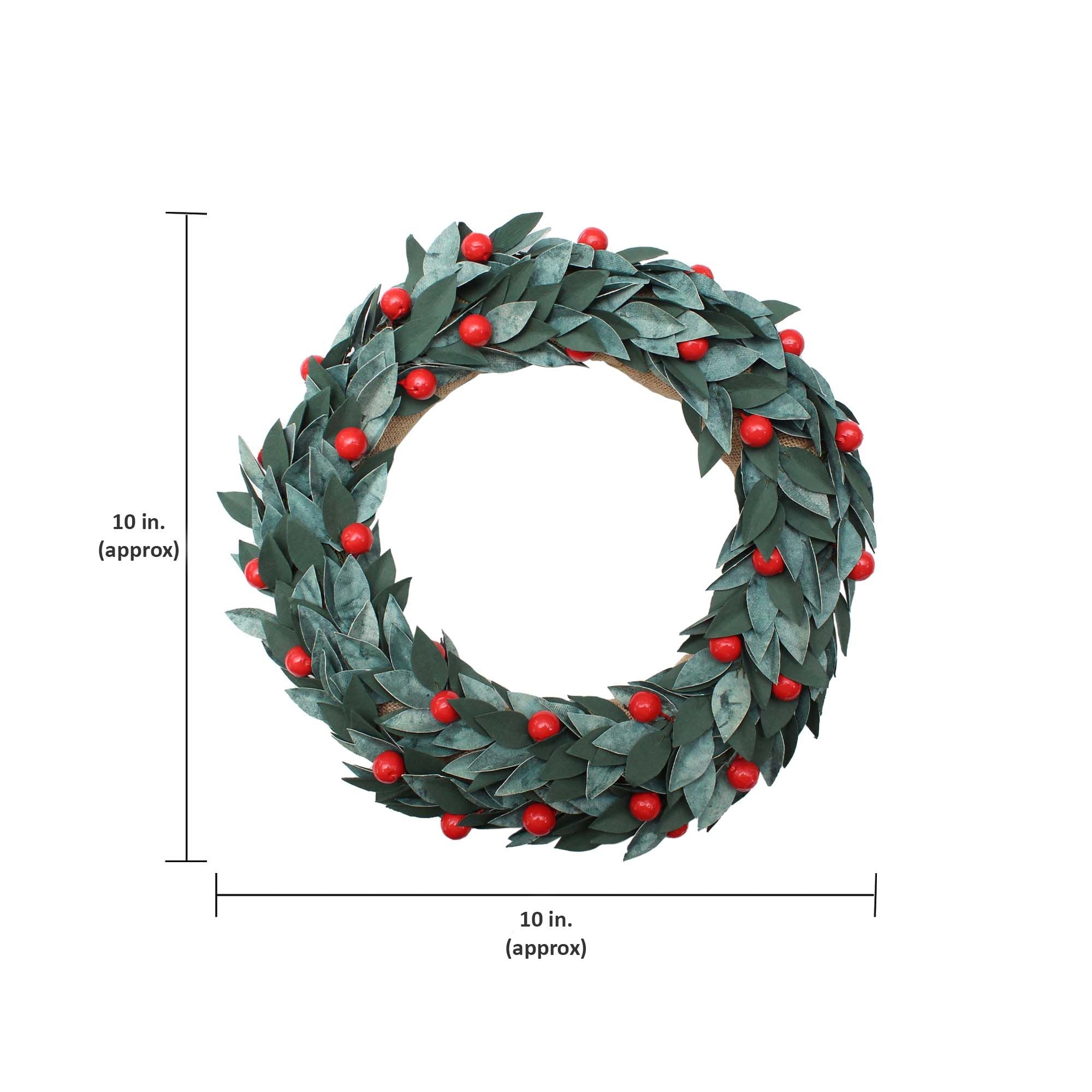 Handmade Christmas Wreath - 10inch, Berries and Leaves, 1pc