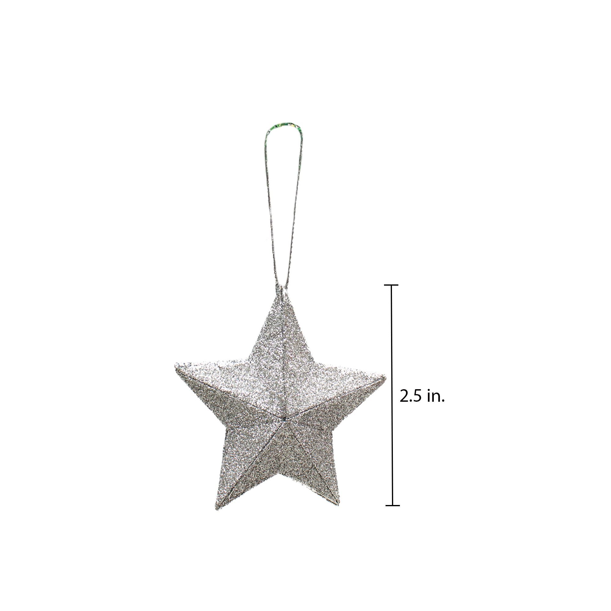 Handmade Christmas Ornaments - 3D Glitter Stars, 2.5inch, Silver, 6pc