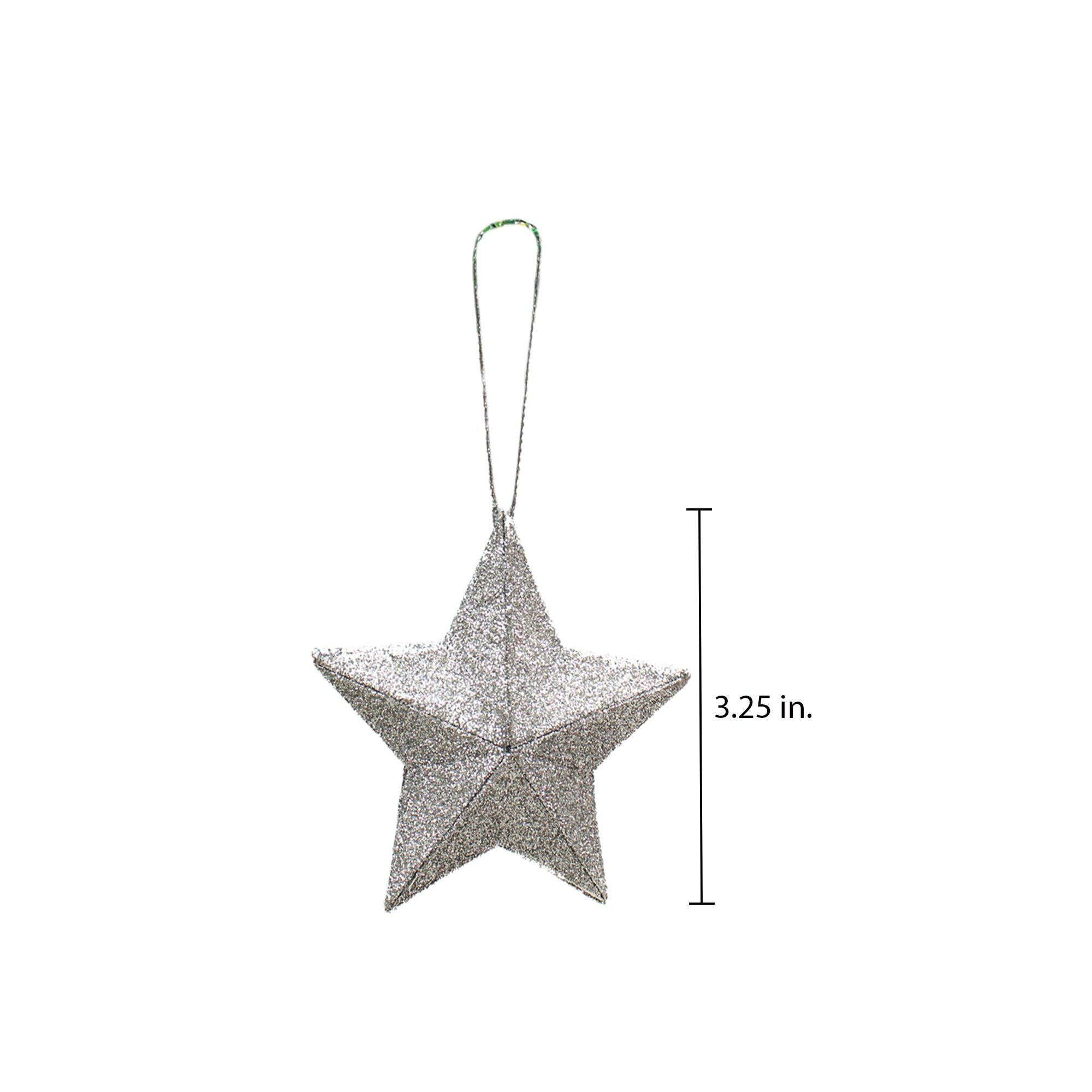 Handmade Christmas Ornaments - 3D Glitter Star, 3.25inch, Silver, 4pc