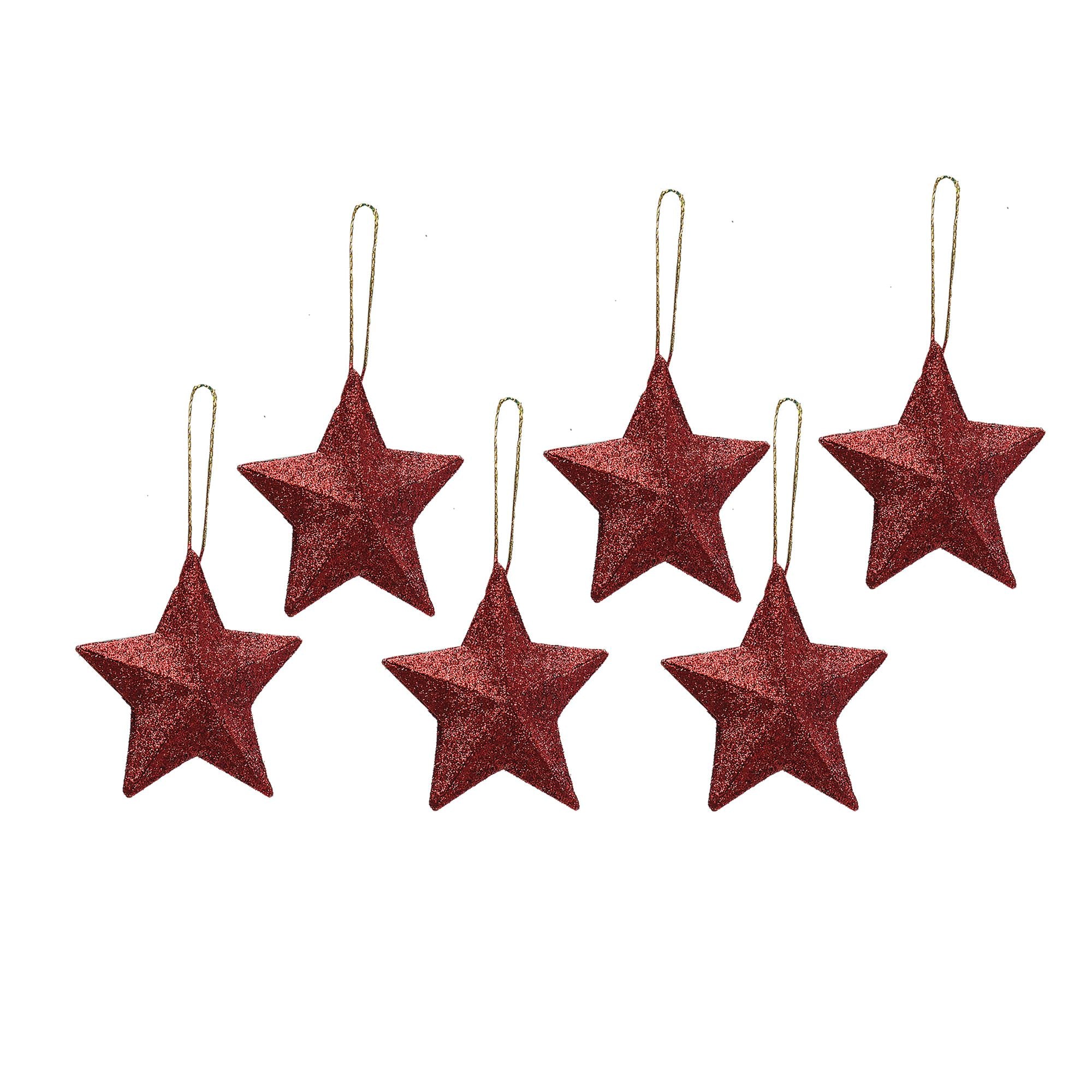 Handmade Christmas Ornaments - 3D Glitter Stars, 2.5inch, Red, 6pc