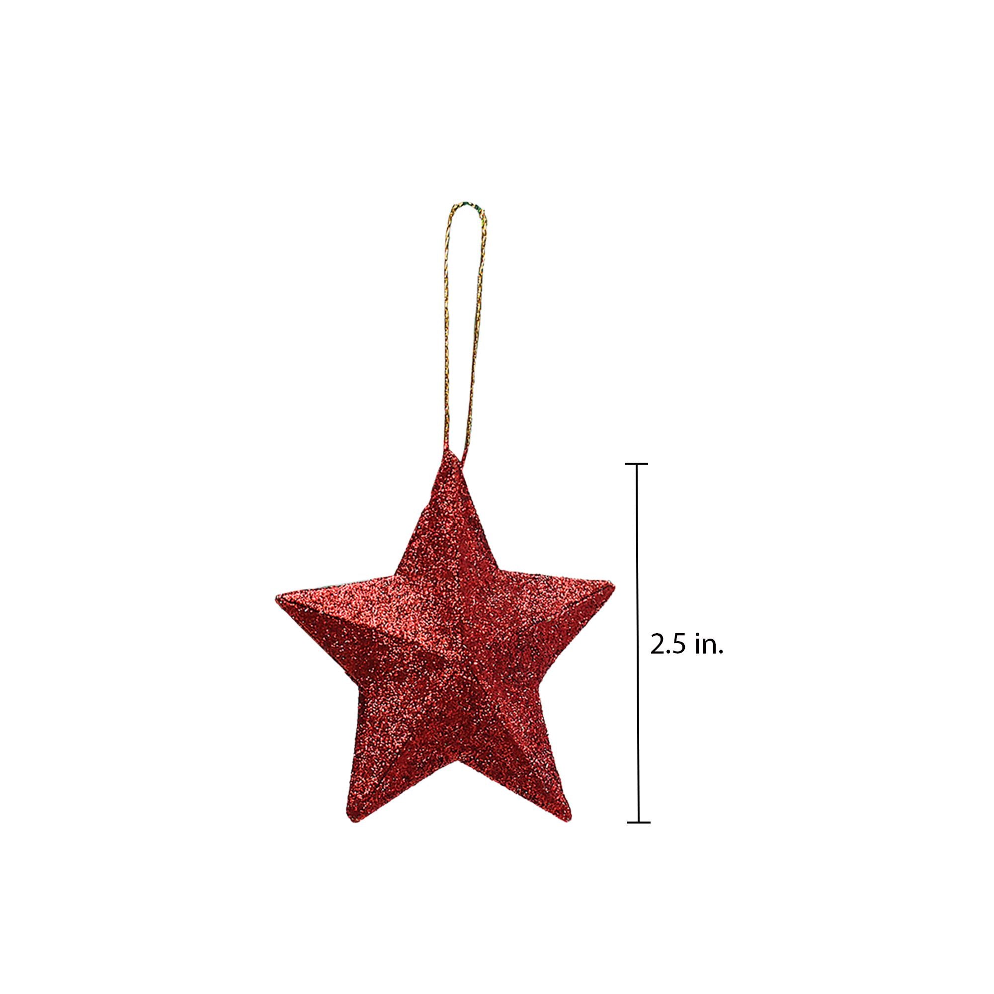 Handmade Christmas Ornaments - 3D Glitter Stars, 2.5inch, Red, 6pc