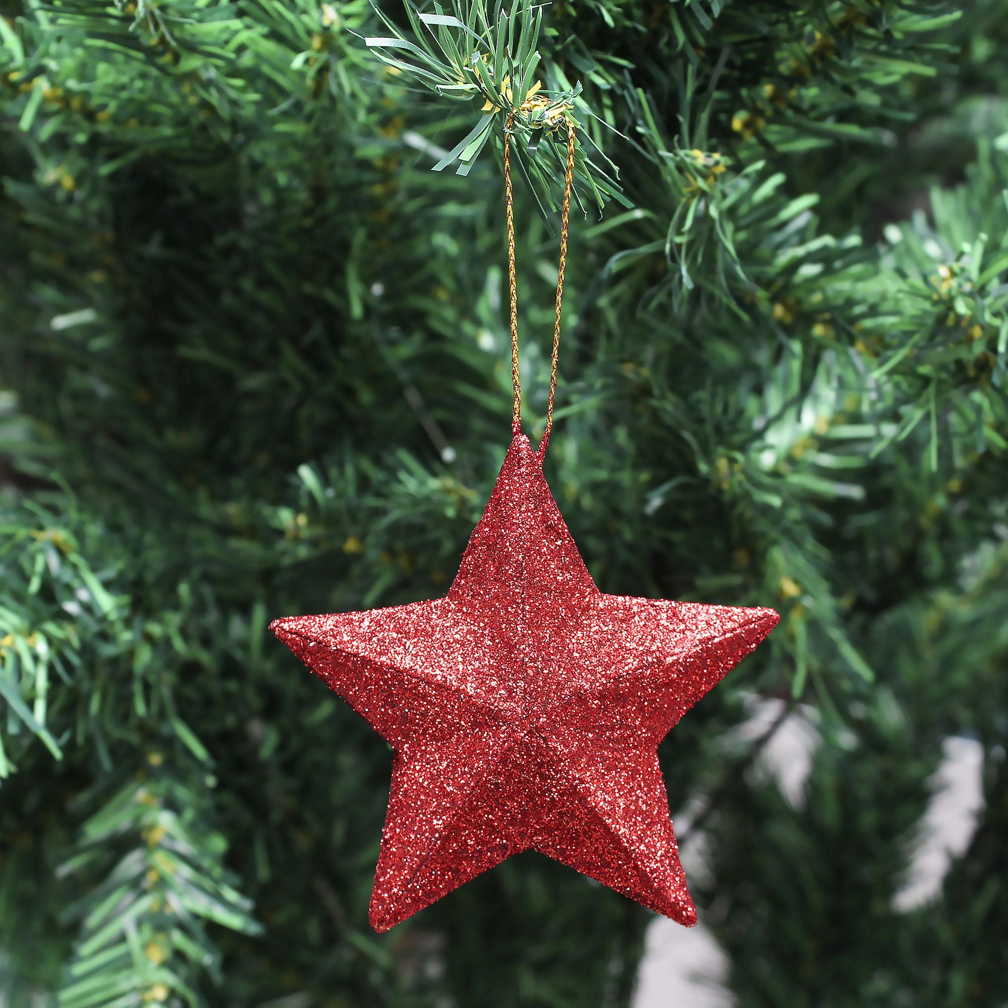 Handmade Christmas Ornaments - 3D Glitter Stars, 3.25inch, Red, 4pc