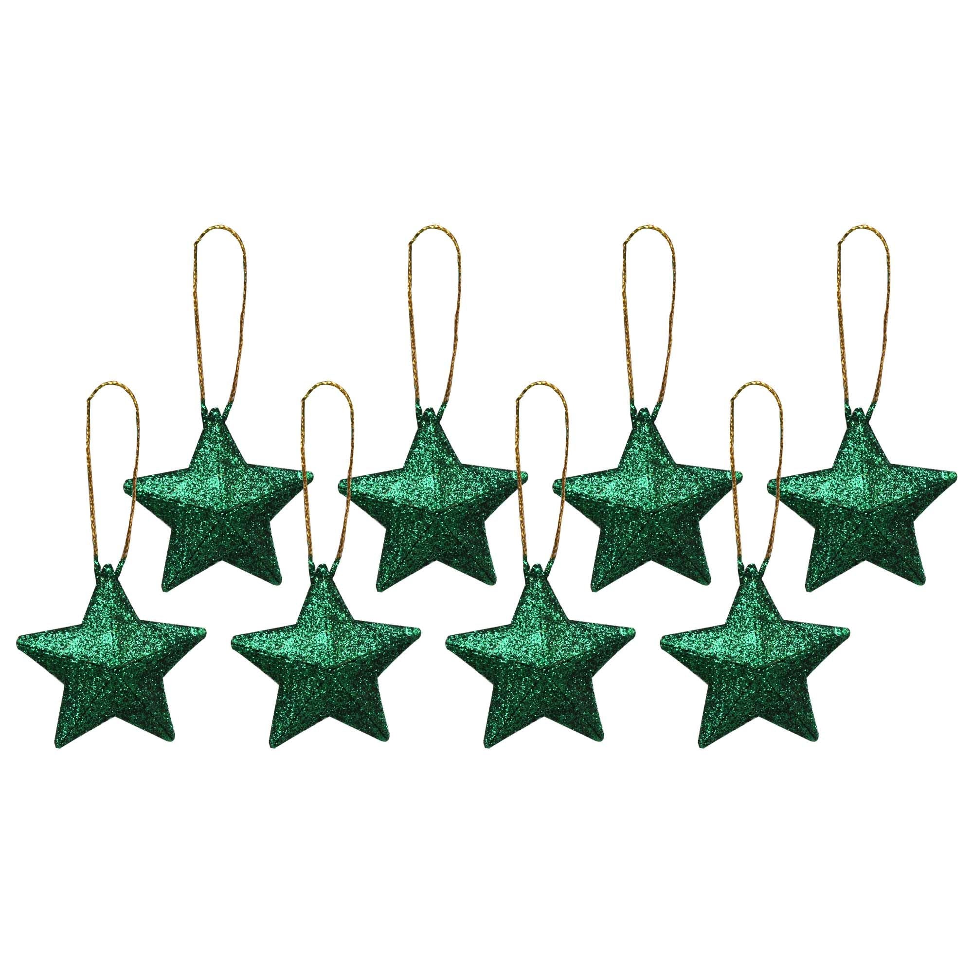 Handmade Christmas Ornaments - 3D Glitter Stars, 2inch, Green, 8pc