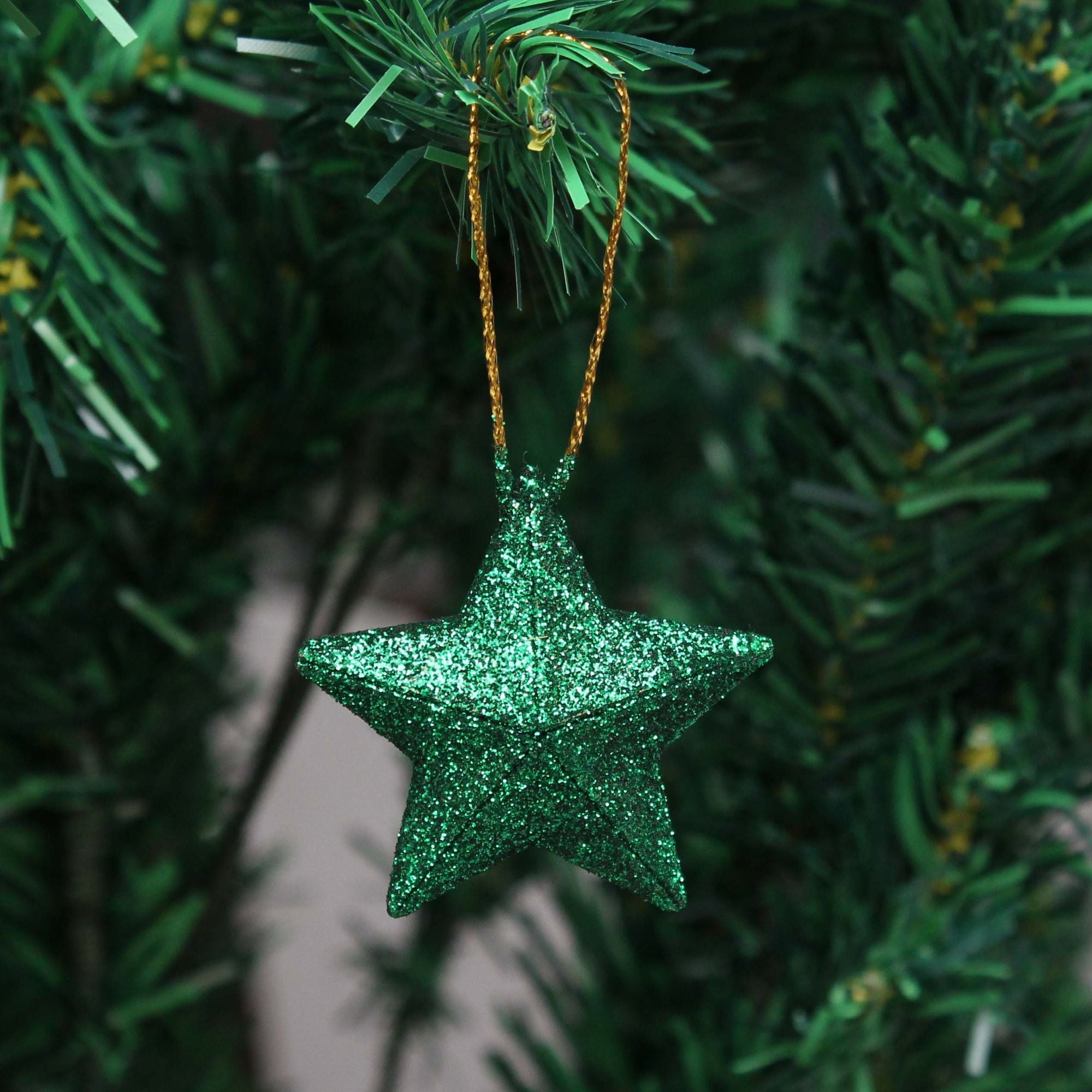 Handmade Christmas Ornaments - 3D Glitter Stars, 2inch, Green, 8pc