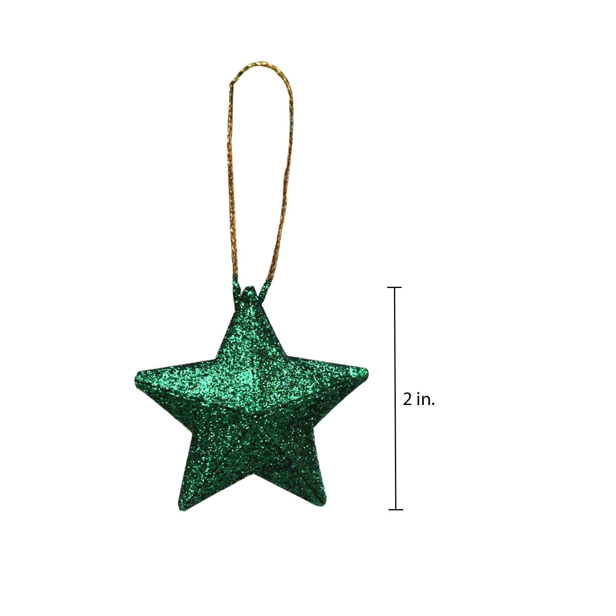 Handmade Christmas Ornaments - 3D Glitter Stars, 2inch, Green, 8pc