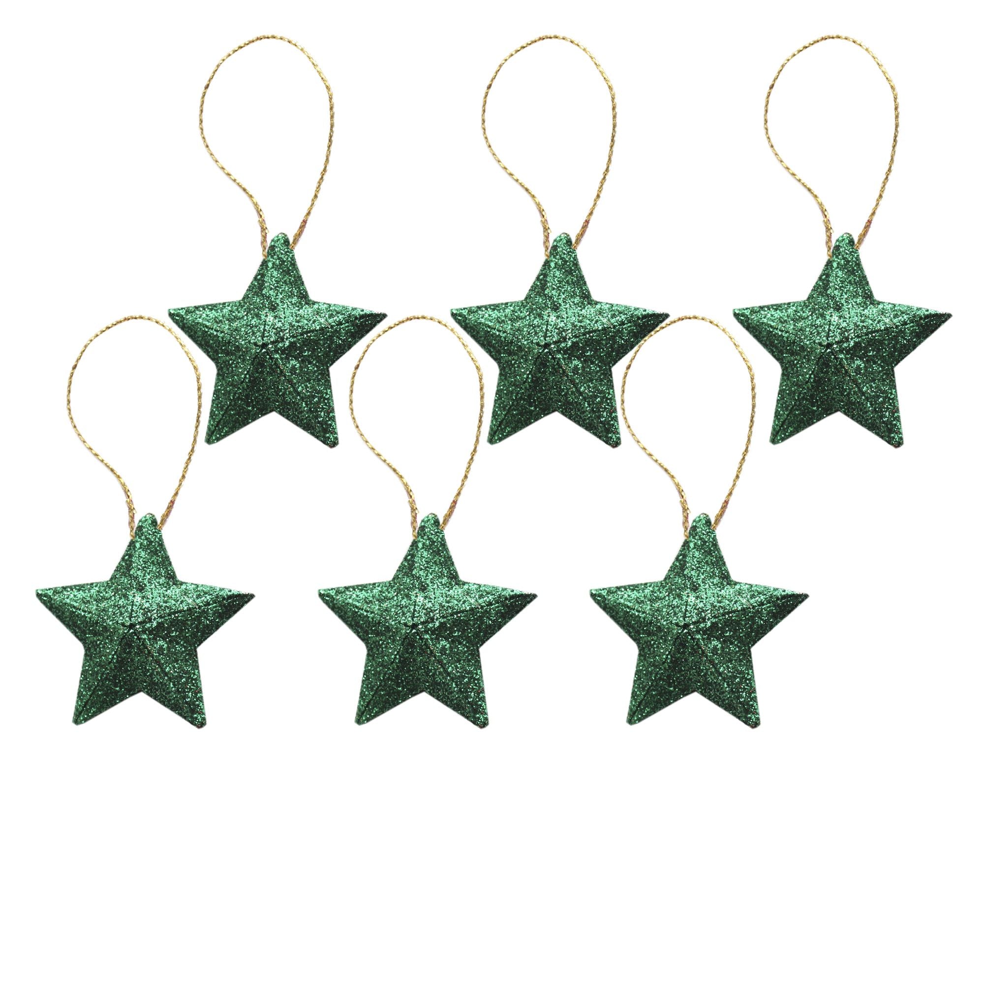 Handmade Christmas Ornaments - 3D Glitter Stars, 2.5inch, Green, 6pc