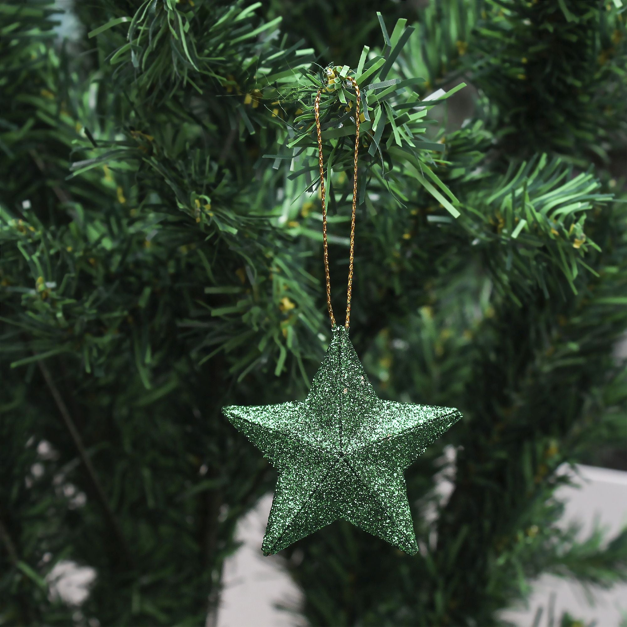 Handmade Christmas Ornaments - 3D Glitter Stars, 2.5inch, Green, 6pc