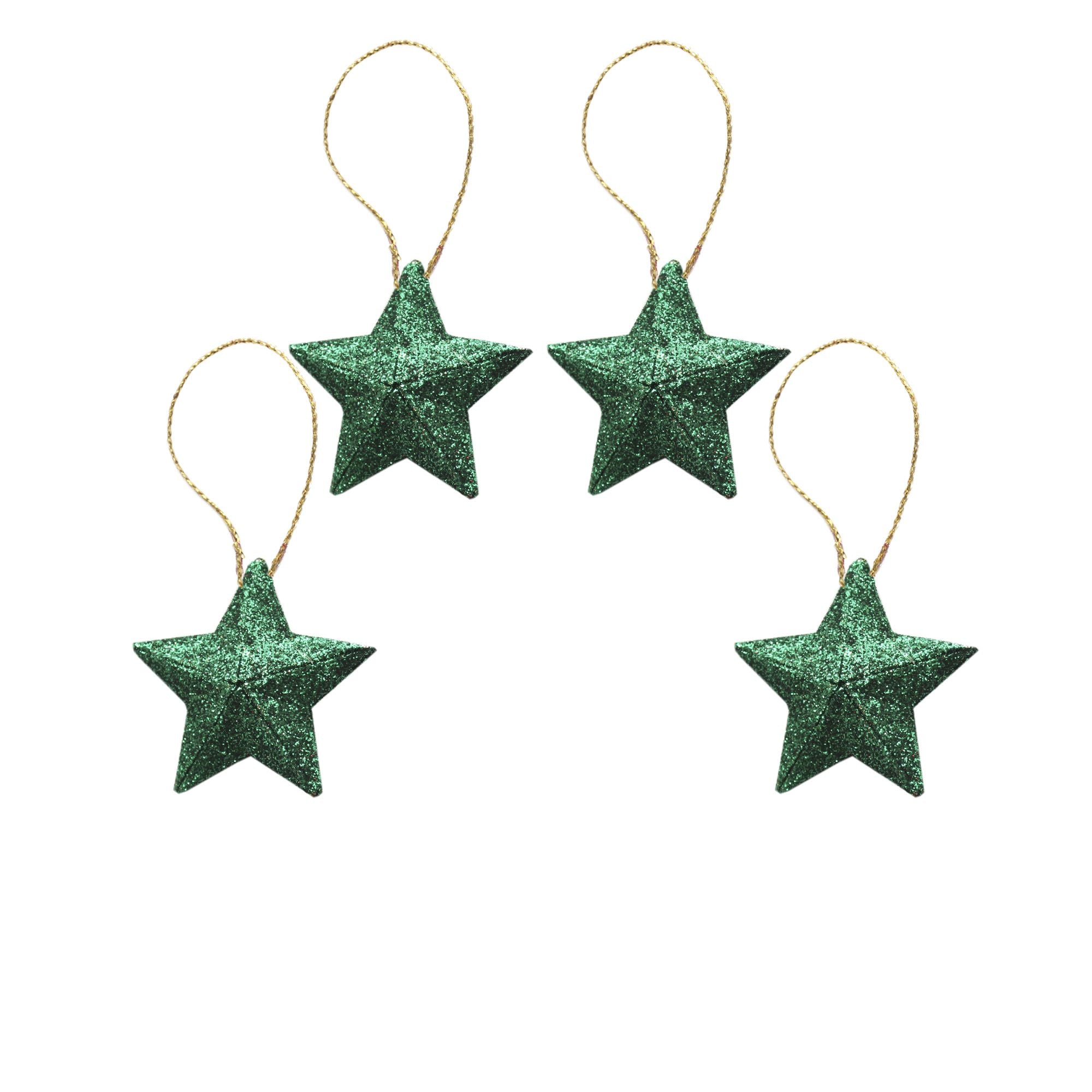 Handmade Christmas Ornaments - 3D Glitter Stars, 3.25inch, Green, 4pc