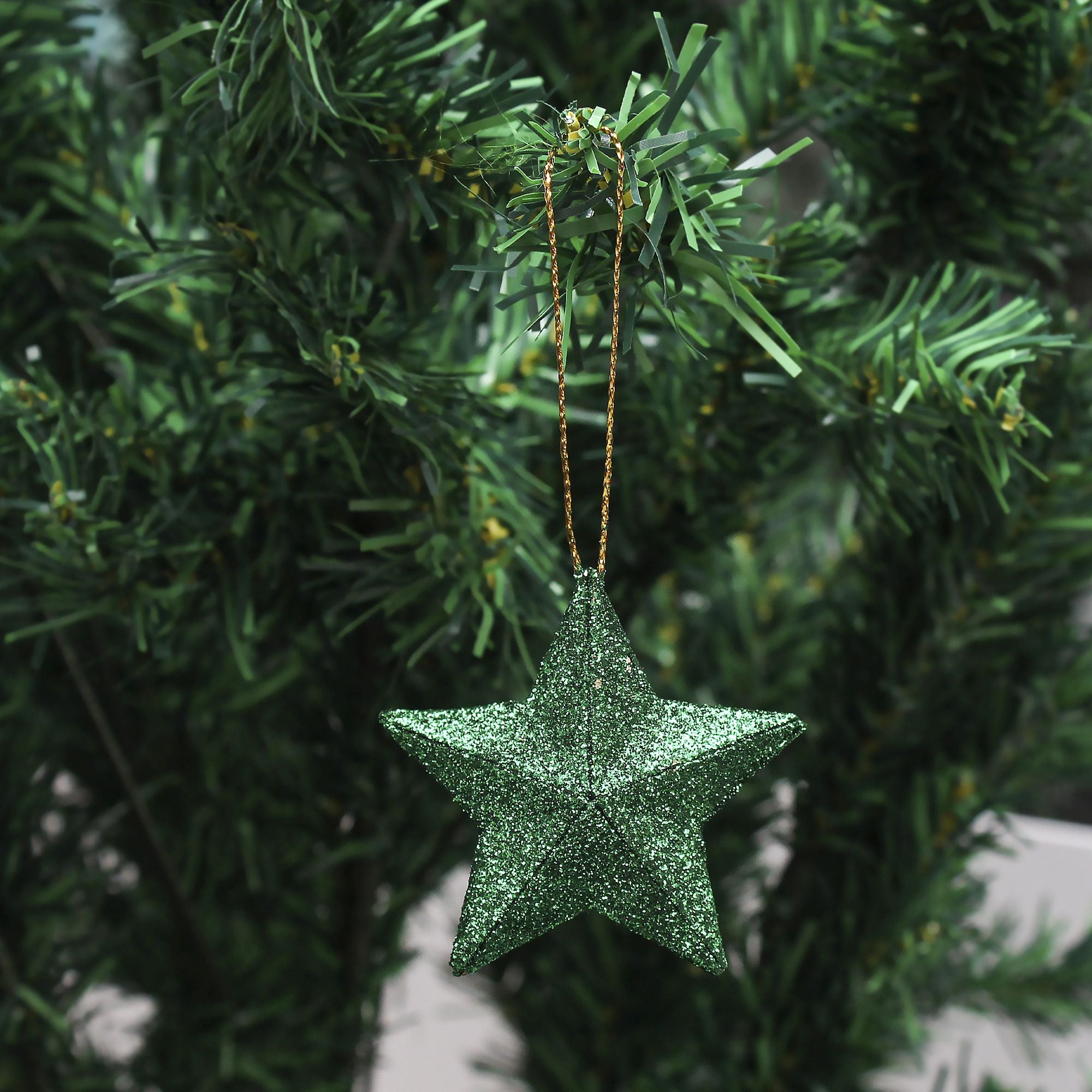 Handmade Christmas Ornaments - 3D Glitter Stars, 3.25inch, Green, 4pc