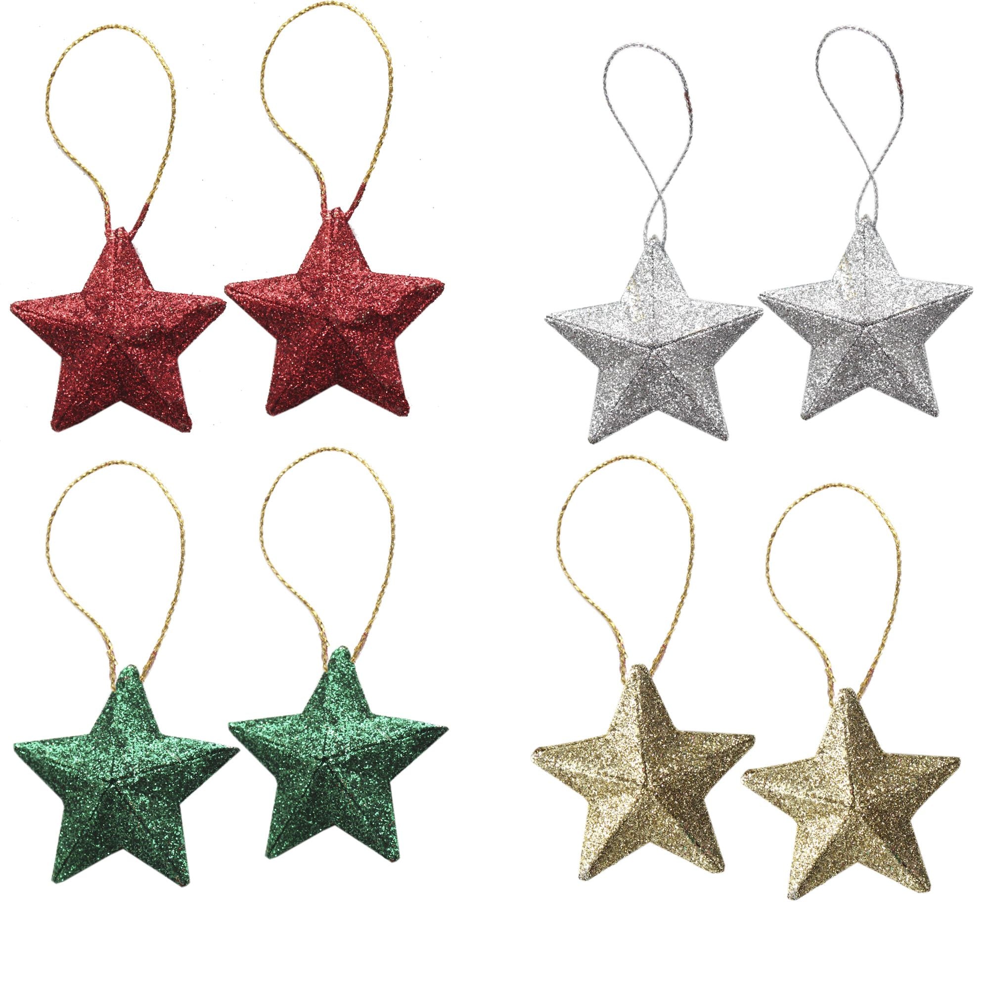 Handmade Christmas Ornaments - 3D Glitter Stars, 2inch, Assorted Colours - Gold, Red, Green, Silver, 8pc