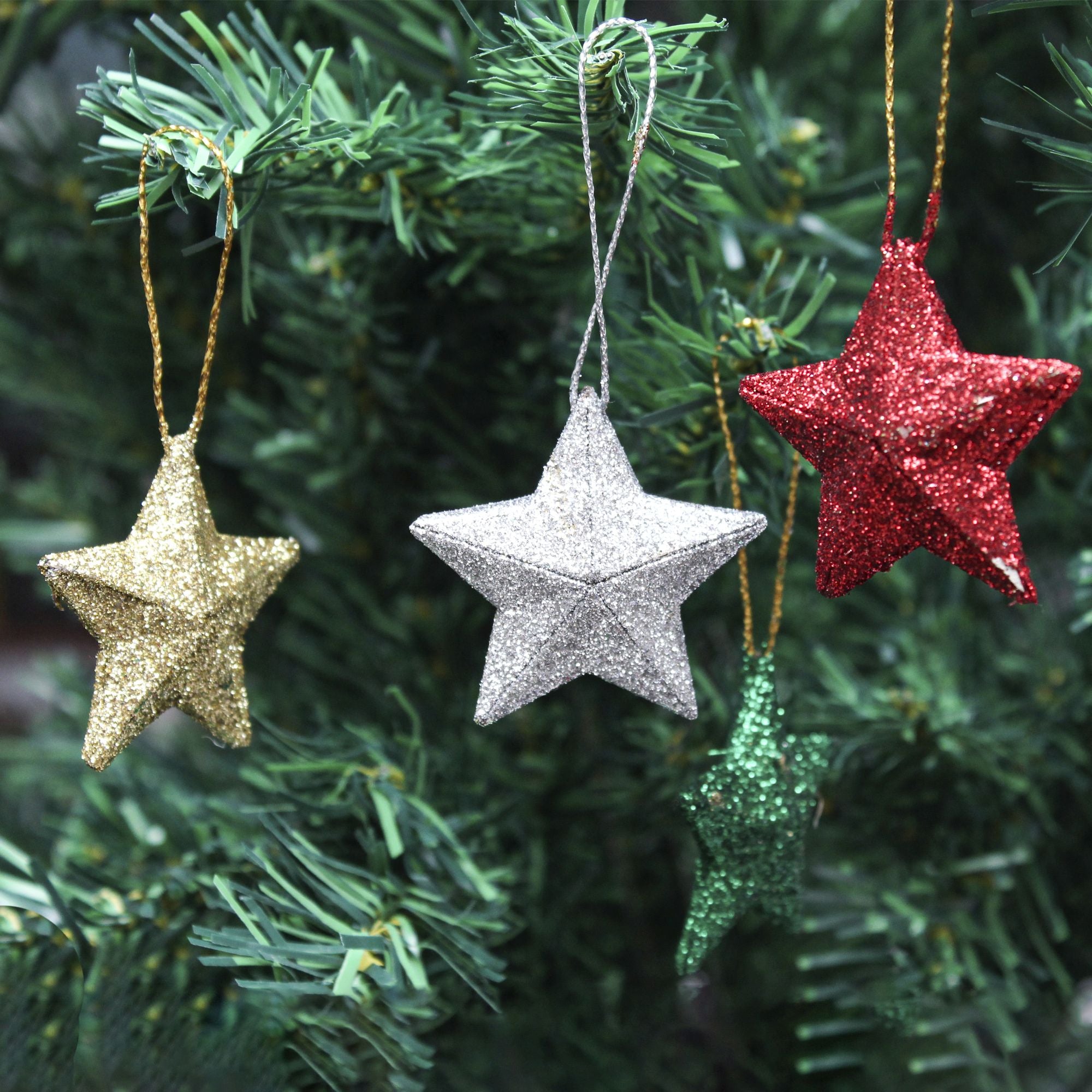 Handmade Christmas Ornaments - 3D Glitter Stars, 2inch, Assorted Colours - Gold, Red, Green, Silver, 8pc
