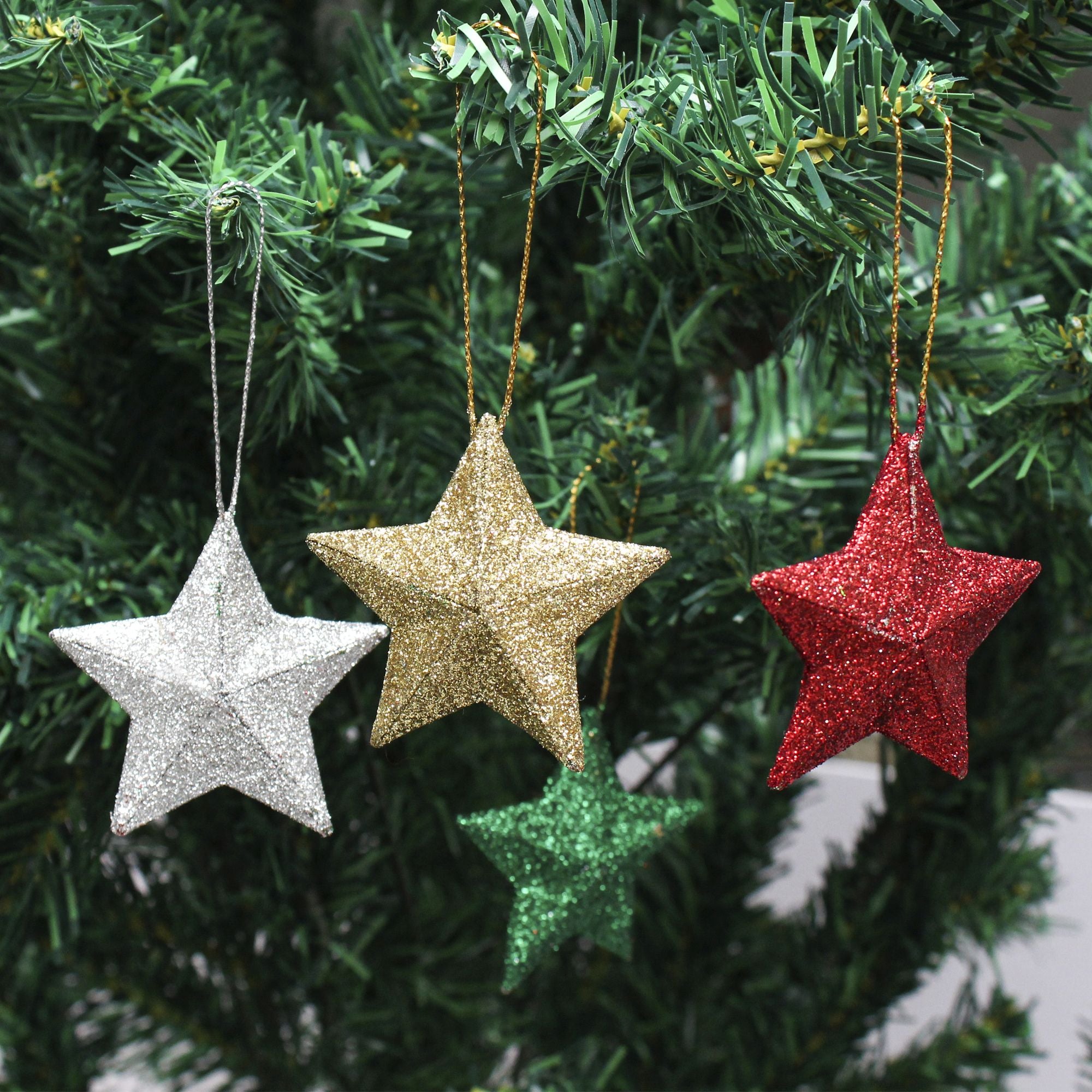 Handmade Christmas Ornaments - 3D Glitter Stars, 2.5inch, Assorted Colours - Gold, Red, Green, Silver, 6pc