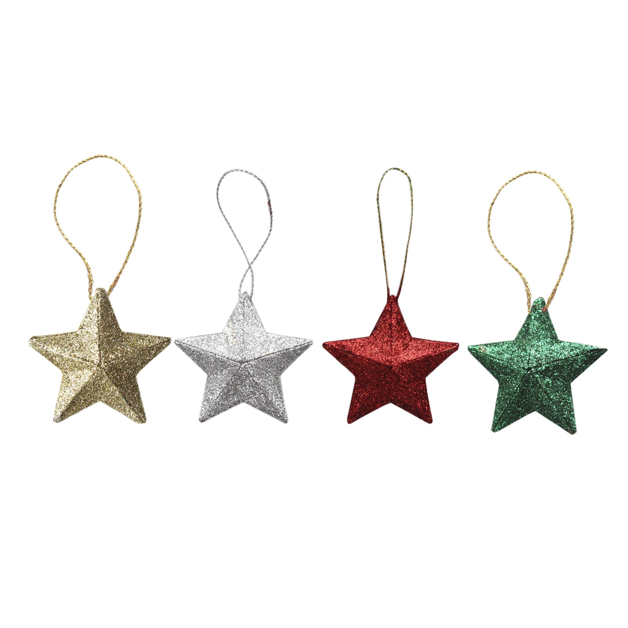 Handmade Christmas Ornaments - 3D Glitter Stars, 3.25inch, Assorted Colours - Gold, Red, Green, Silver, 4pc
