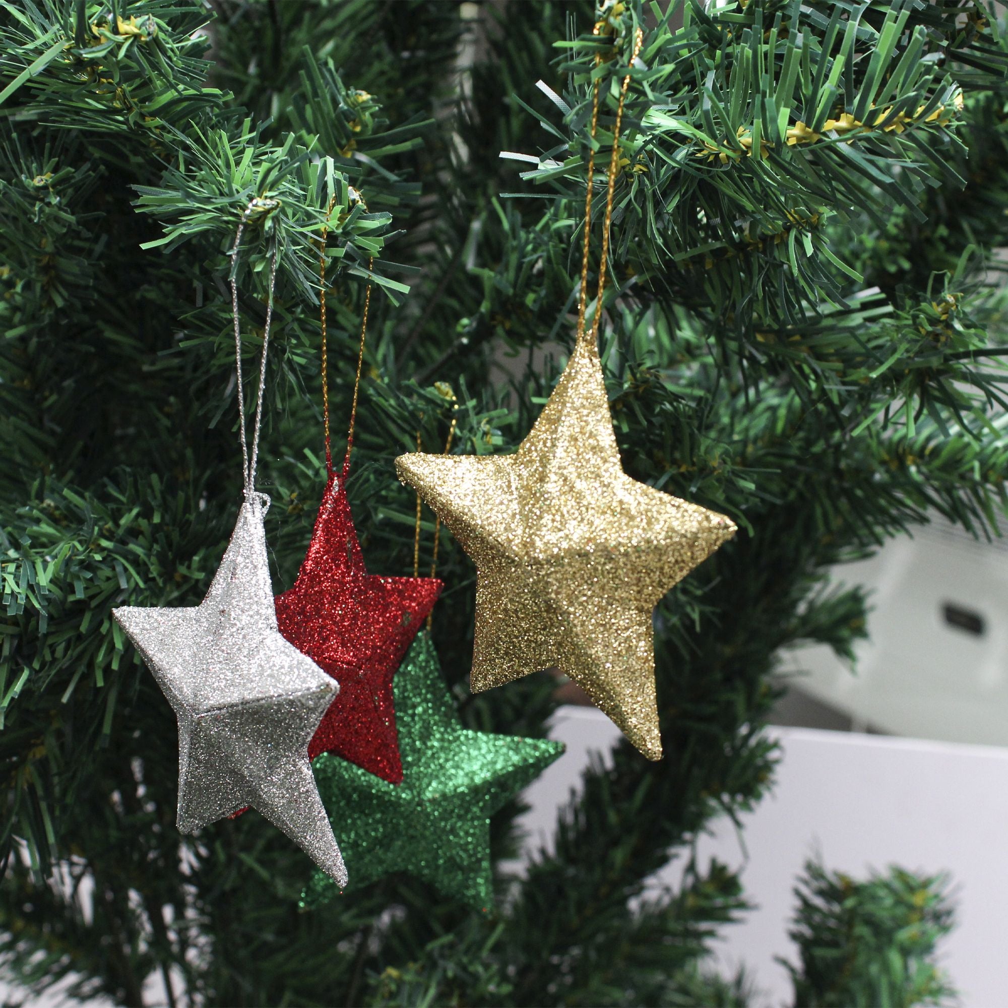 Handmade Christmas Ornaments - 3D Glitter Stars, 3.25inch, Assorted Colours - Gold, Red, Green, Silver, 4pc