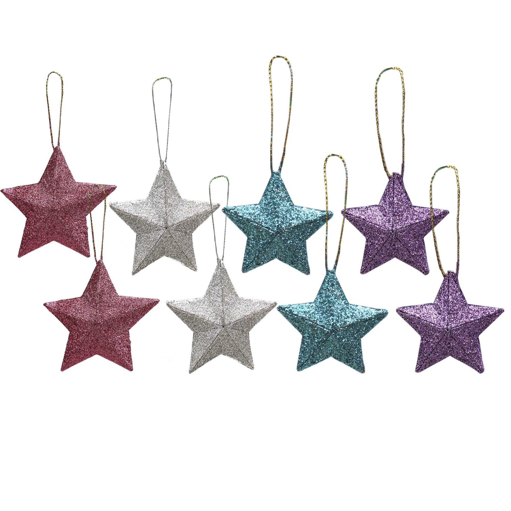 Handmade Christmas Ornaments 3D Glitter Star 2inch Ass Col Blue, Purple, Silver, pink 8pc Acetate Box