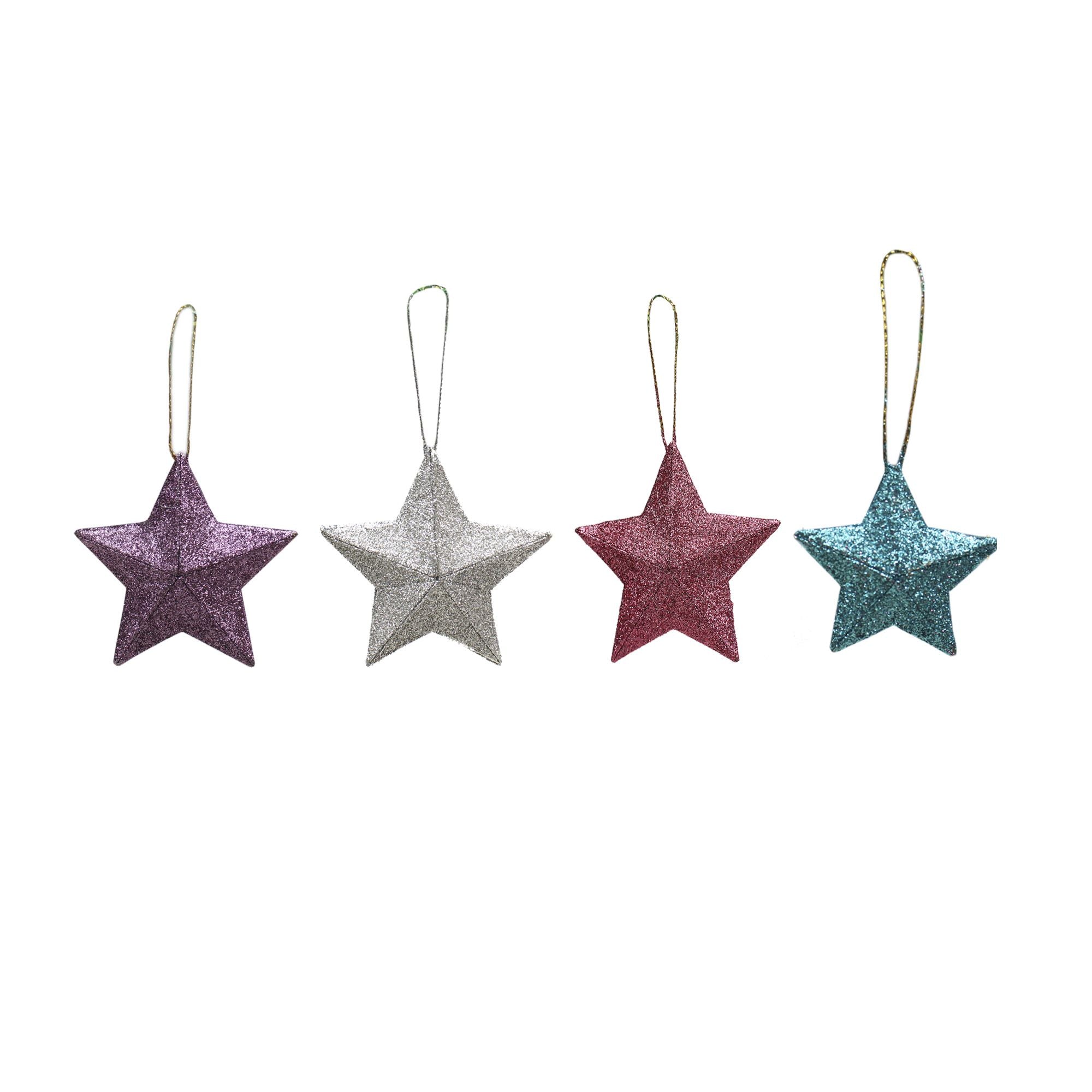 Handmade Christmas Ornaments - 3D Glitter Stars, 3.25inch, Assorted Colours - Blue, Purple, Silver, pink, 4pc
