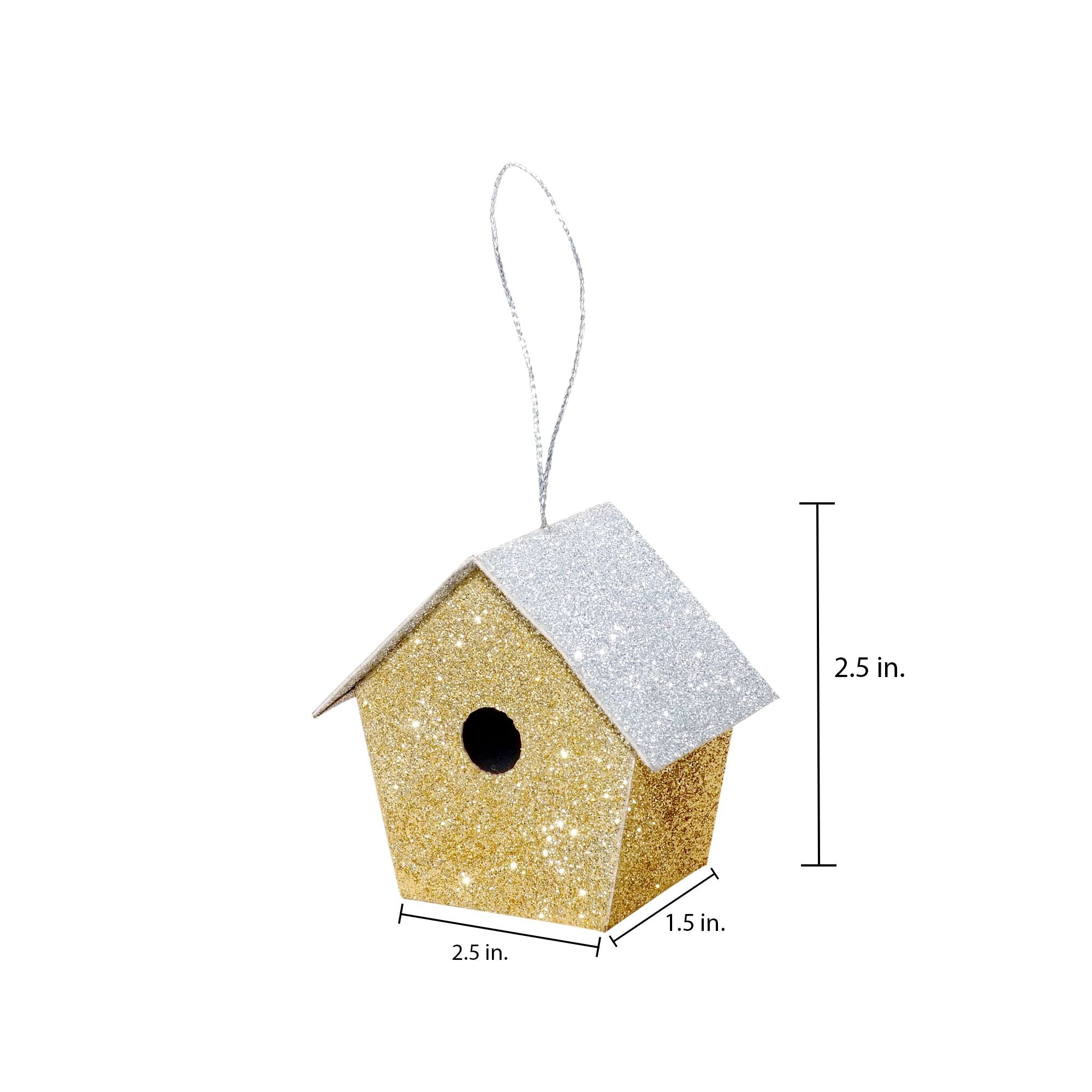 Handmade Christmas Ornaments - Glitter Bird house, Height 2.5 X Width 2.5 X Length 1.5inch, Gold, 4pc