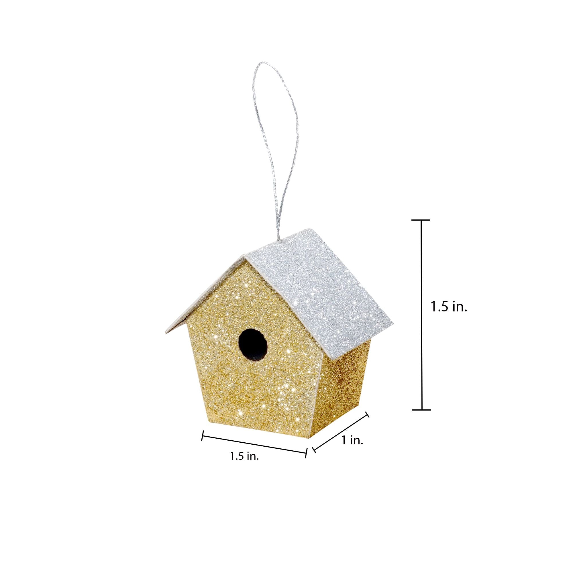 Handmade Christmas Ornaments - Glitter Bird house H 2.5 X W 2.5 X L 1.5inch, Assorted Colours - Gold, Red, Green, Silver, 4pc