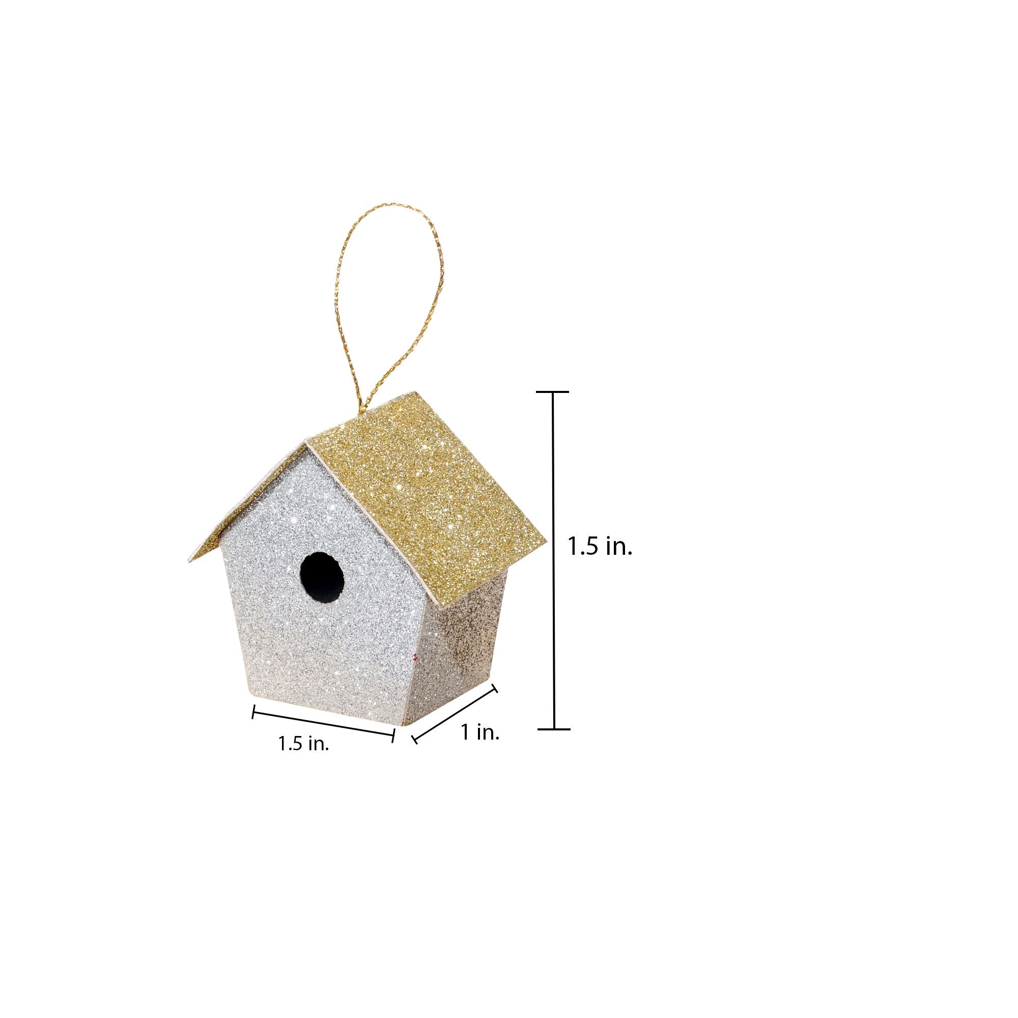 Handmade Christmas Ornaments - Glitter Bird house, Height 1.5 X Width 1.5 X Length 1inch, Silver, 8pc